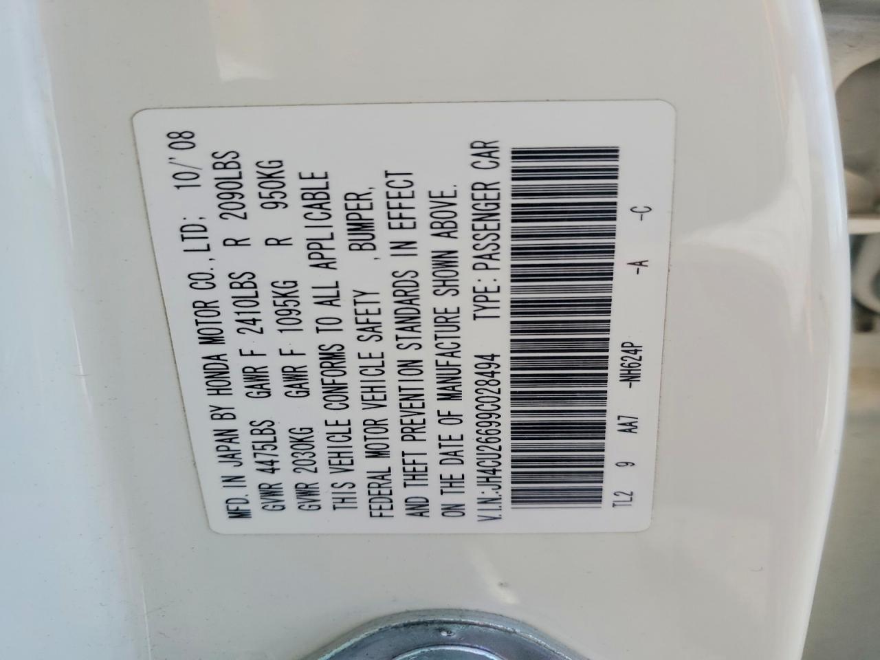 2009 Acura Tsx White vin: JH4CU26699C028494