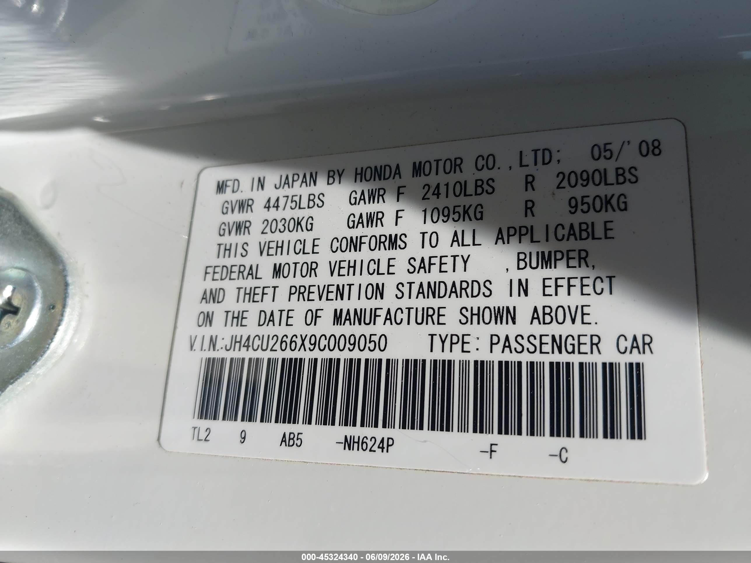 2009 Acura Tsx   White vin: JH4CU266X9C009050