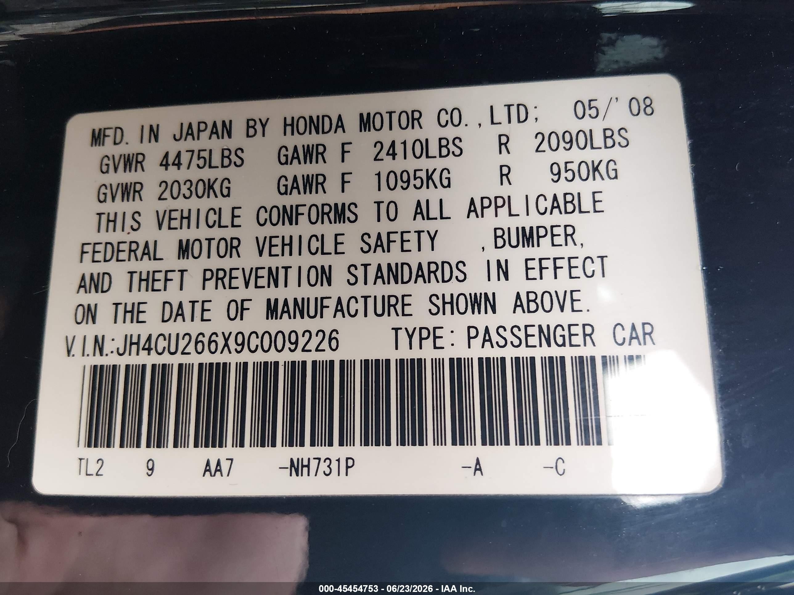 2009 Acura Tsx   Black vin: JH4CU266X9C009226