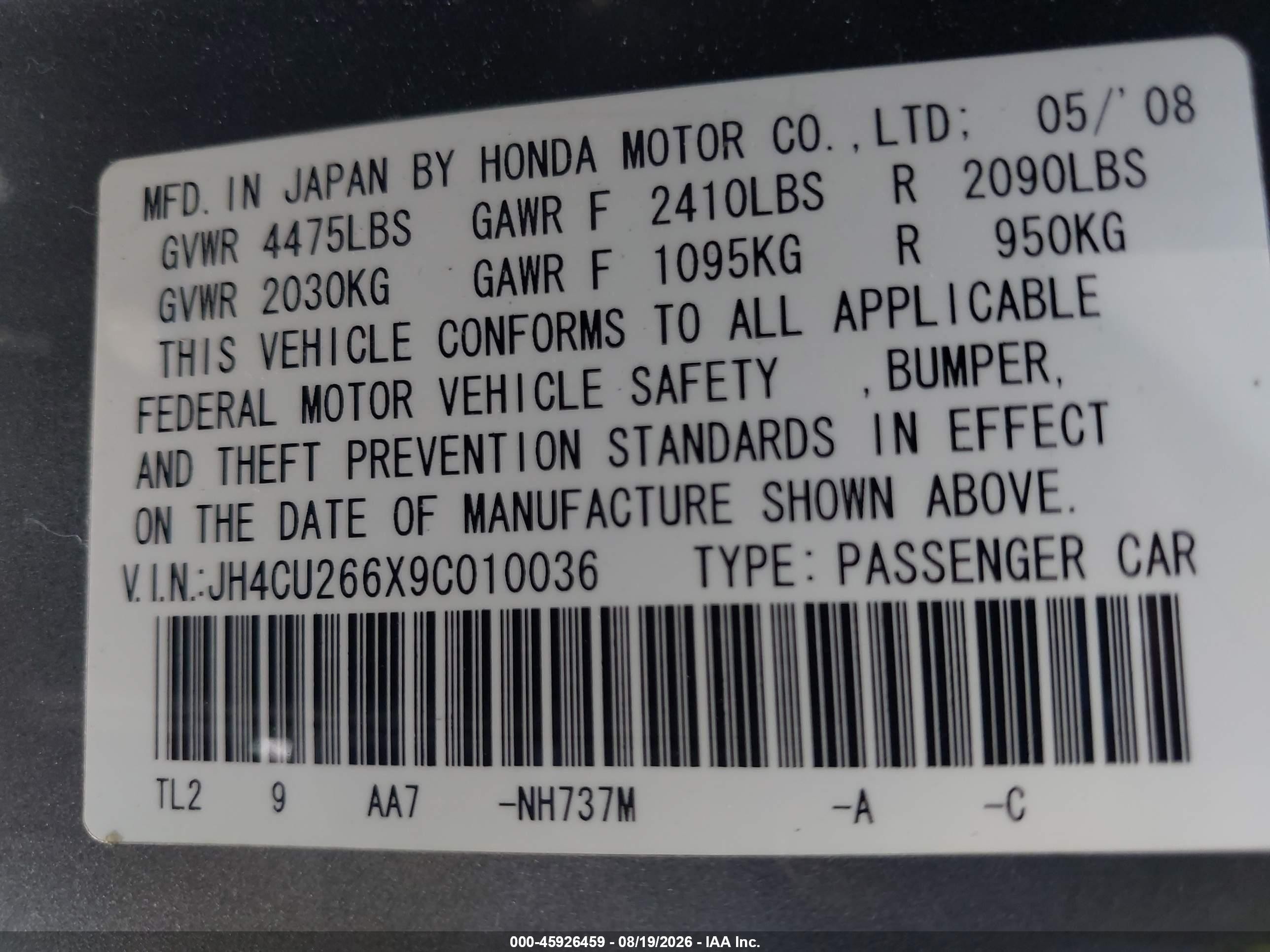 2009 Acura Tsx   Gray vin: JH4CU266X9C010036