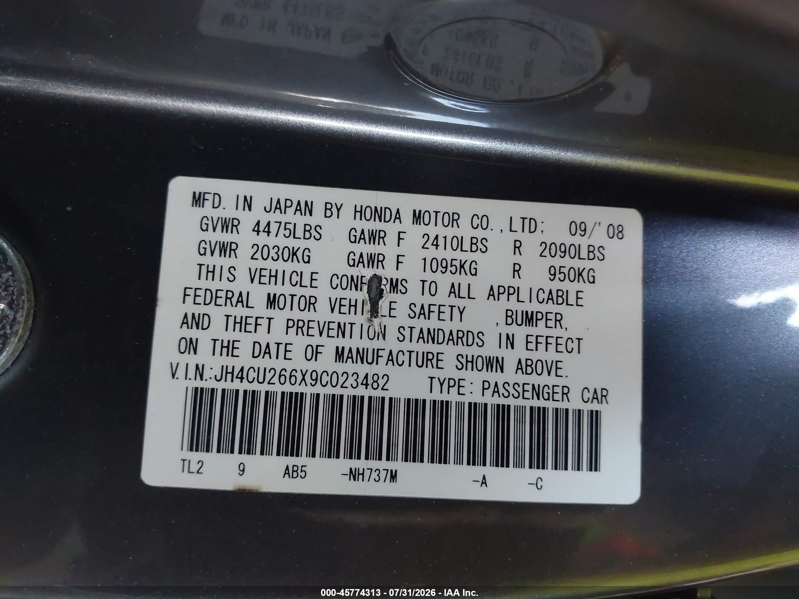 2009 Acura Tsx   Gray vin: JH4CU266X9C023482