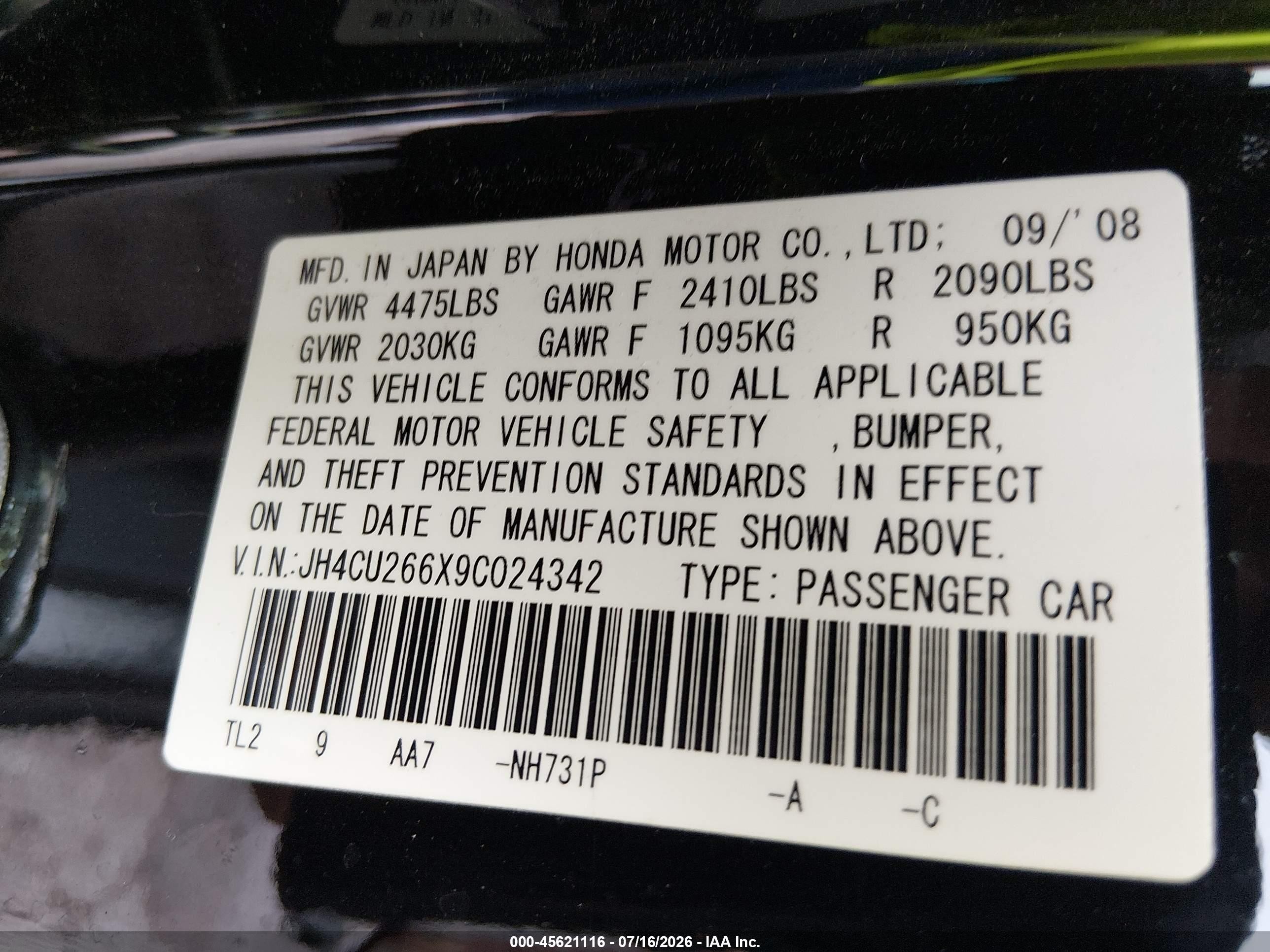 2009 Acura Tsx   Black vin: JH4CU266X9C024342