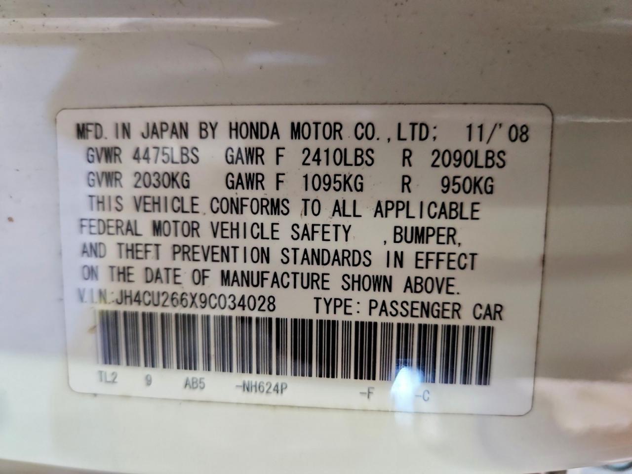 2009 Acura Tsx White vin: JH4CU266X9C034028