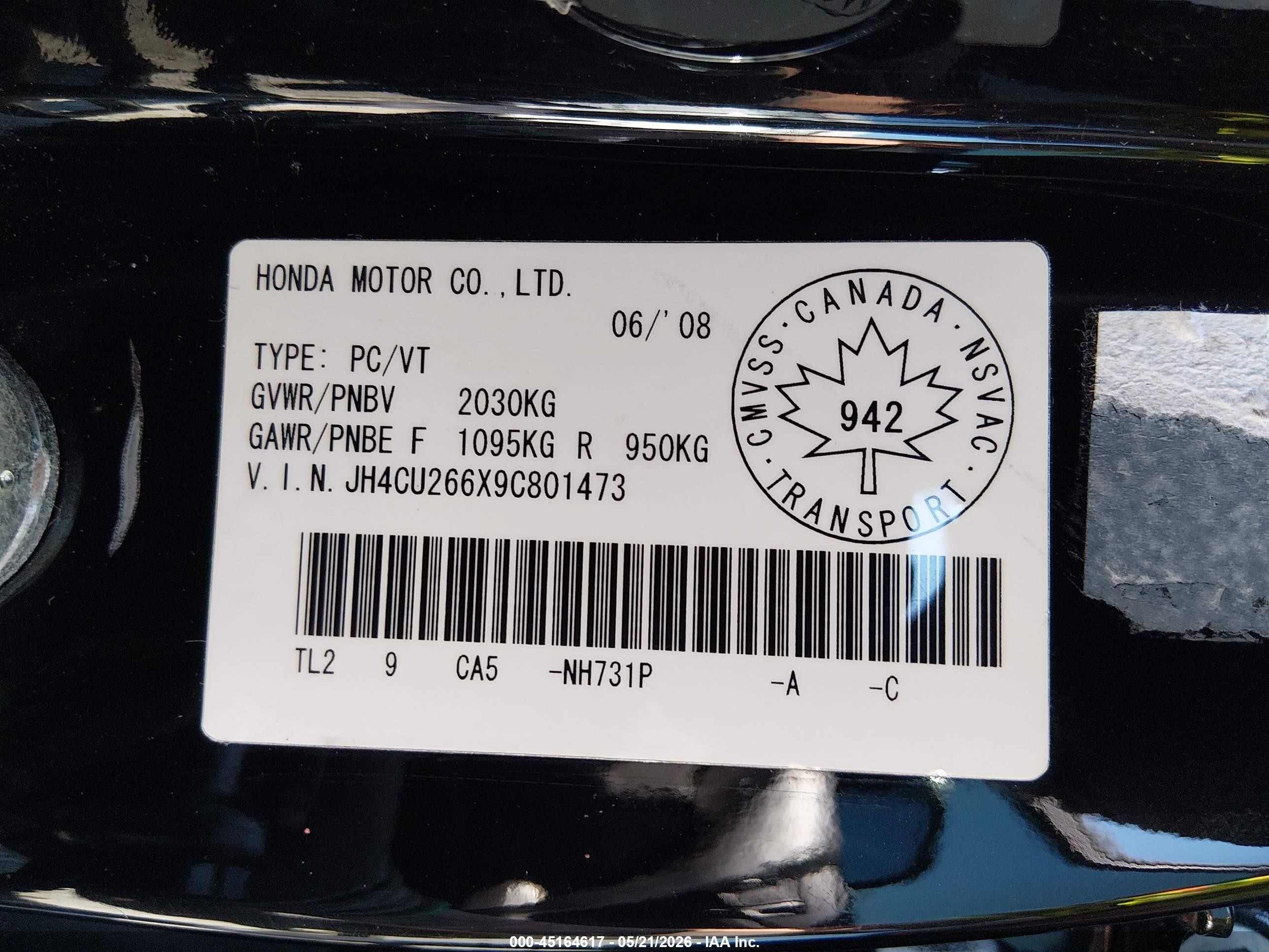 2009 Acura Tsx   Black vin: JH4CU266X9C801473