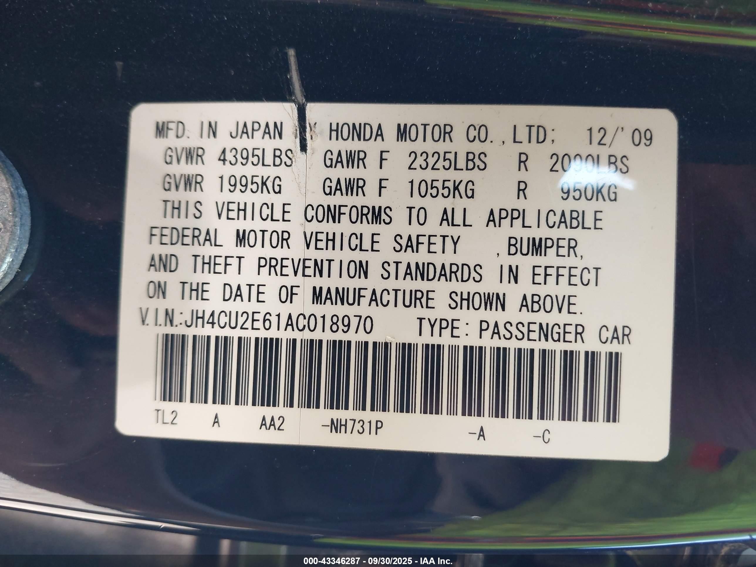 2010 Acura Tsx 2.4 Black vin: JH4CU2E61AC018970
