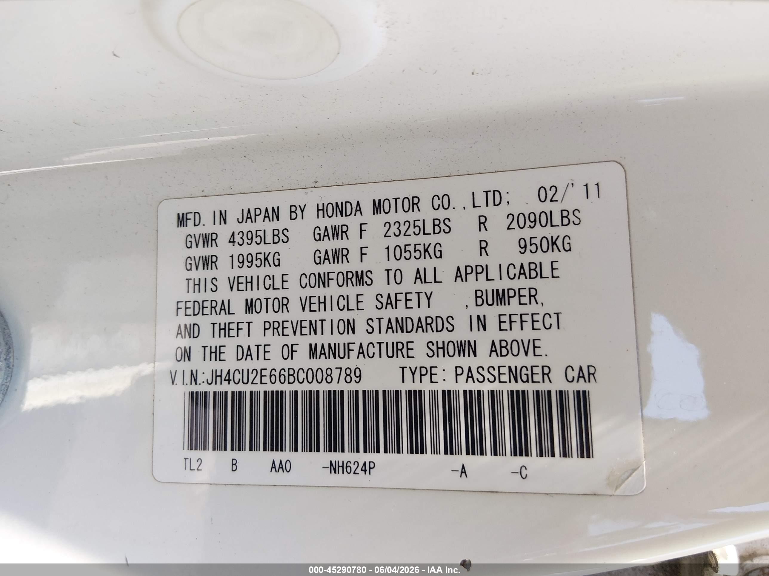 2011 Acura Tsx 2.4 White vin: JH4CU2E66BC008789