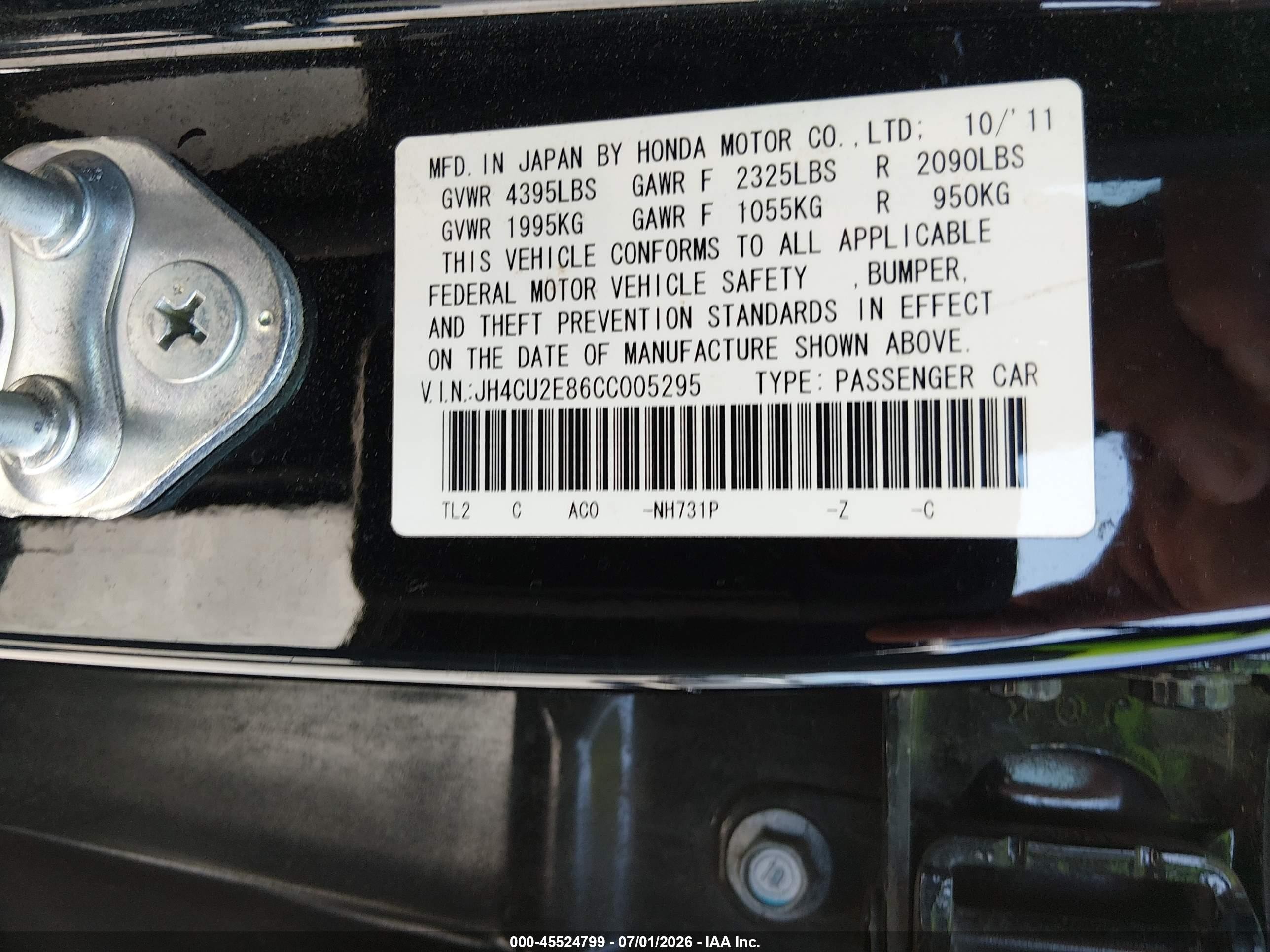 2012 Acura Tsx 2.4 Black vin: JH4CU2E86CC005295