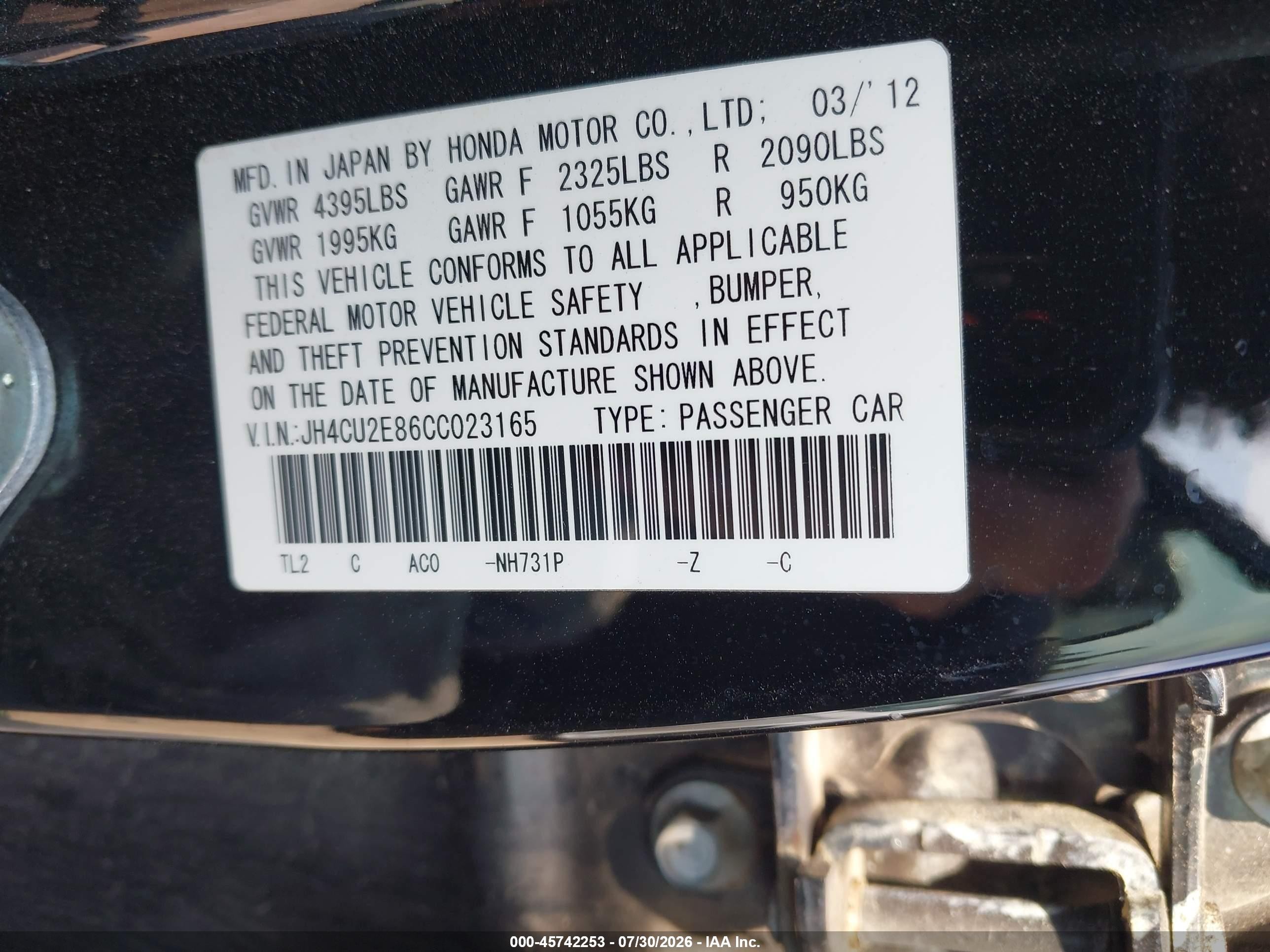 2012 Acura Tsx 2.4 Black vin: JH4CU2E86CC023165