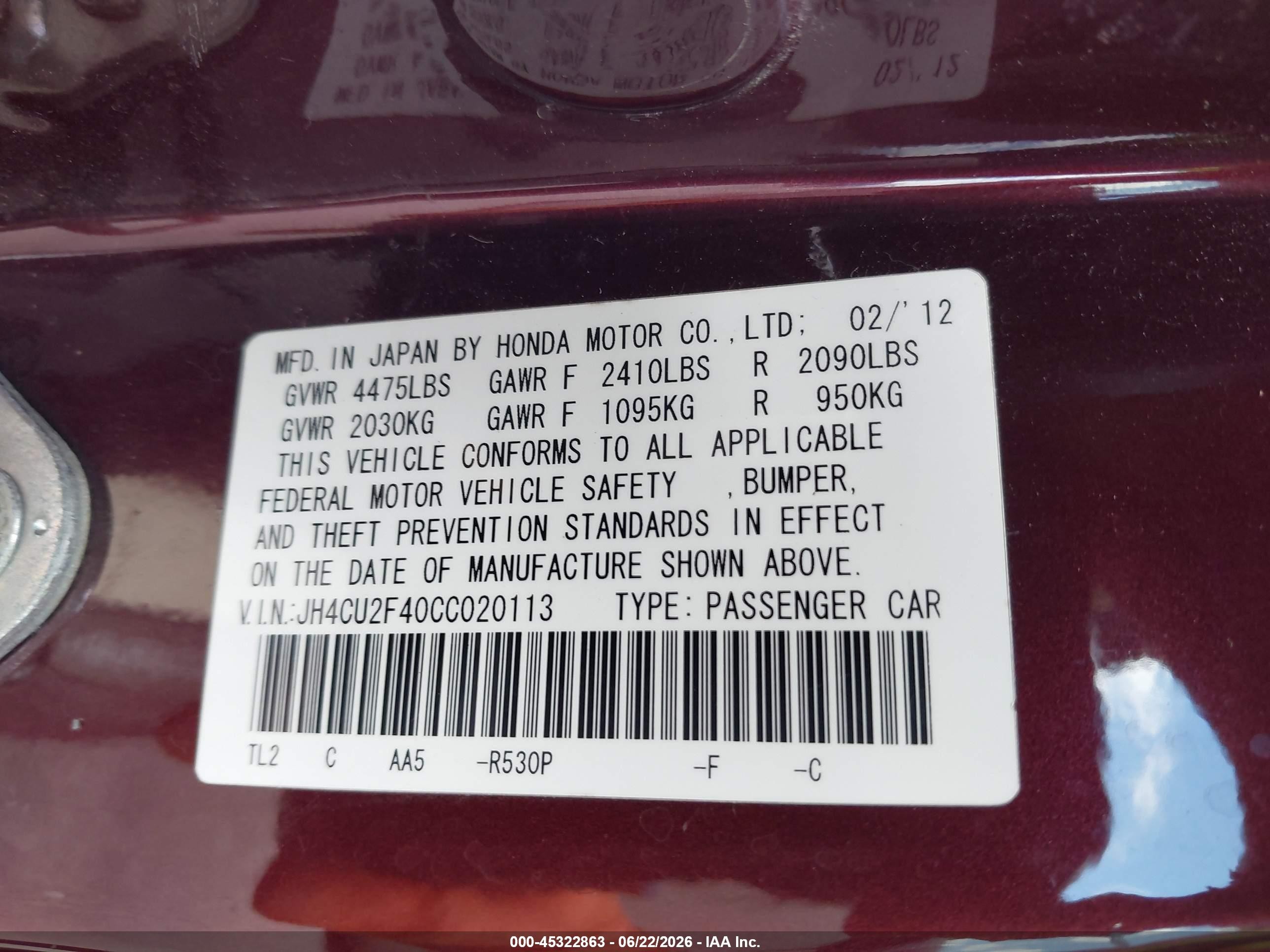 2012 Acura Tsx 2.4 Red vin: JH4CU2F40CC020113