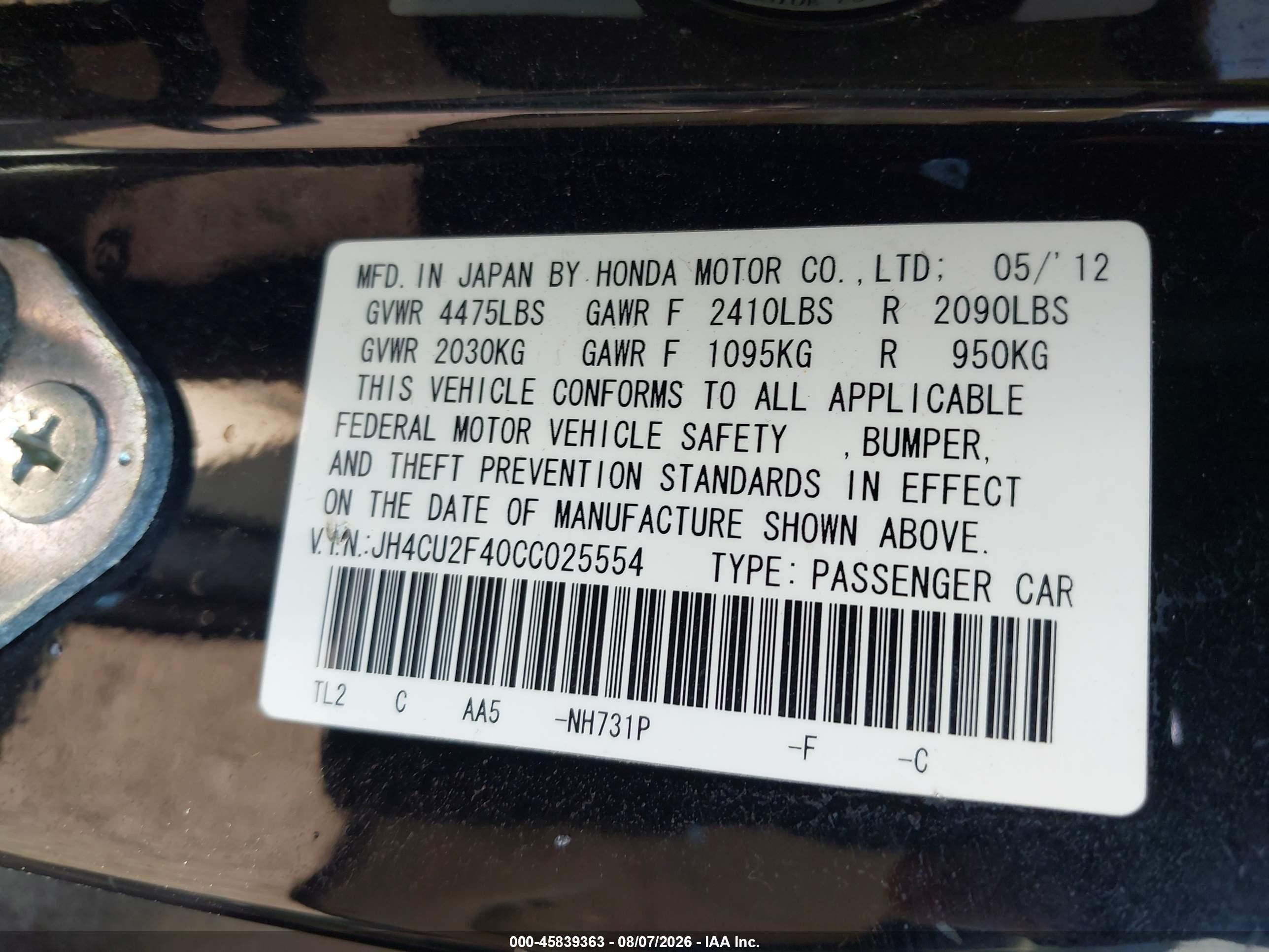 2012 Acura Tsx 2.4 Black vin: JH4CU2F40CC025554