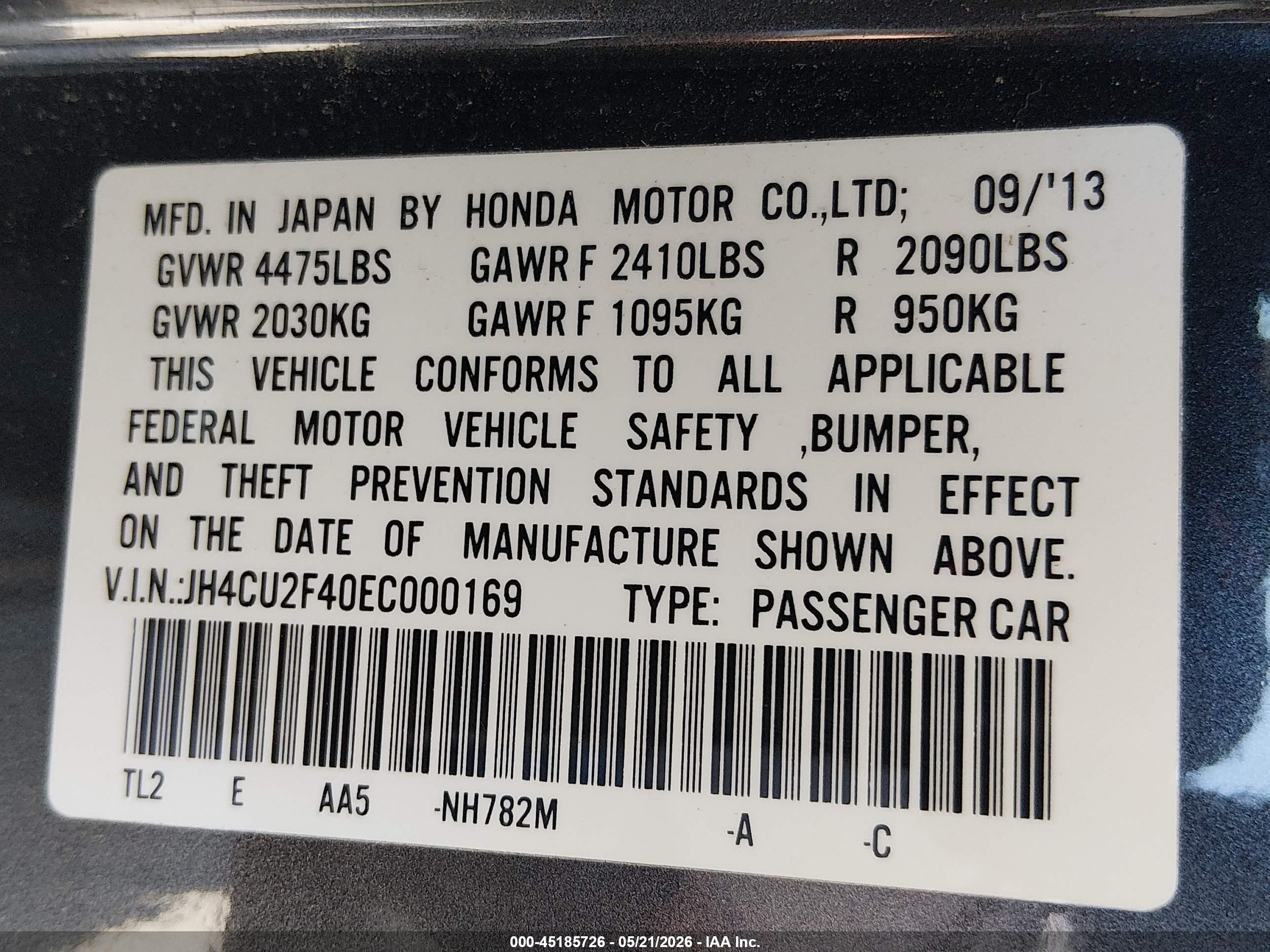 2014 Acura Tsx 2.4 Gray vin: JH4CU2F40EC000169