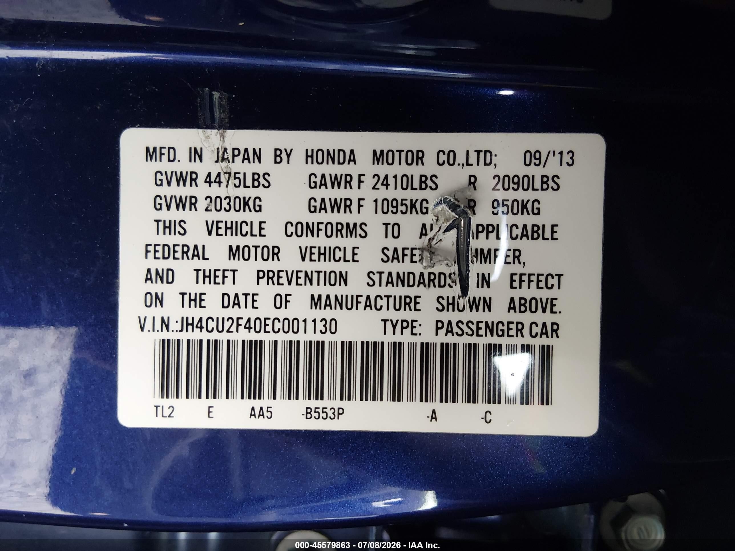 2014 Acura Tsx 2.4 Blue vin: JH4CU2F40EC001130
