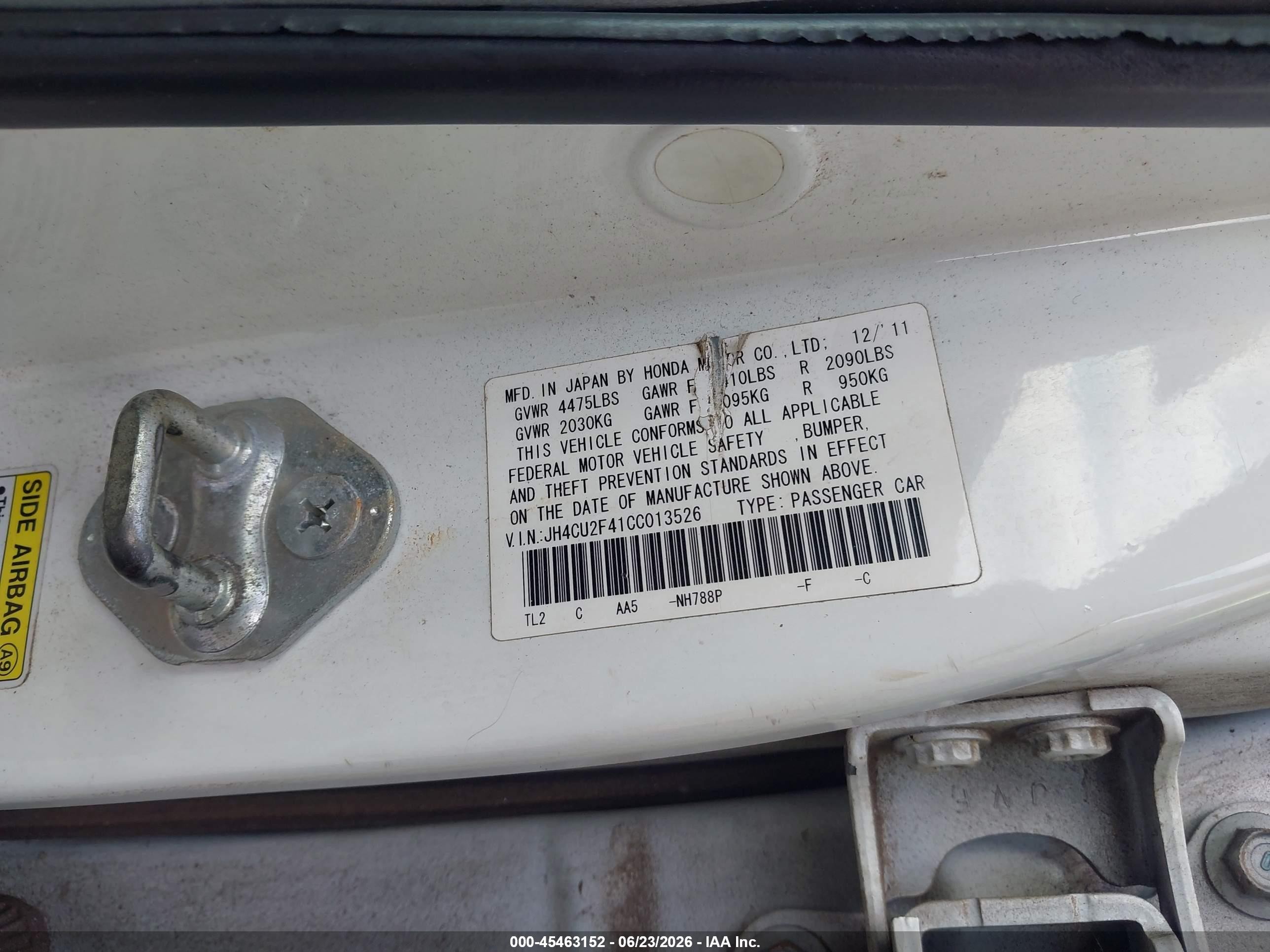 2012 Acura Tsx 2.4 White vin: JH4CU2F41CC013526