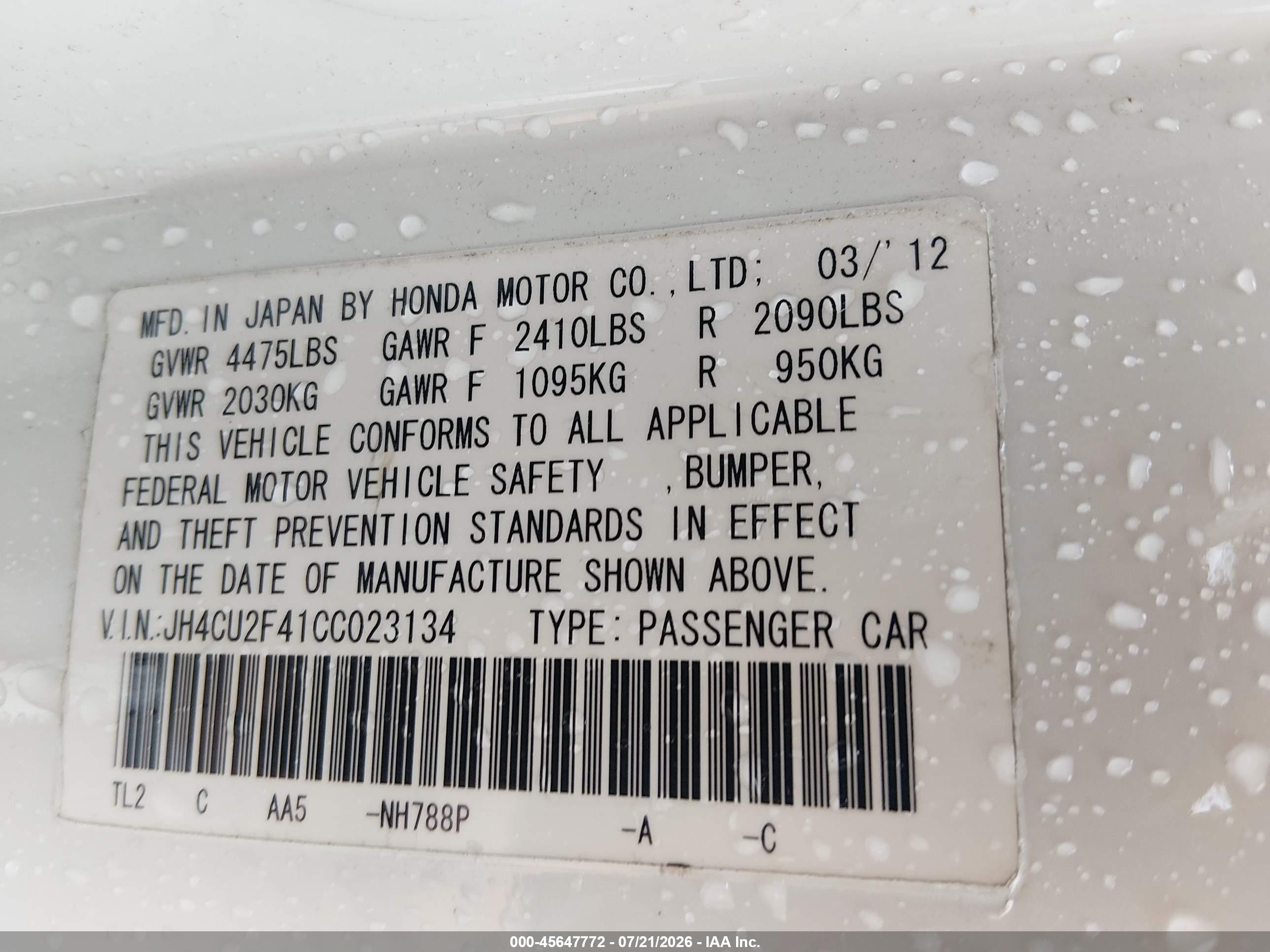 2012 Acura Tsx 2.4 White vin: JH4CU2F41CC023134
