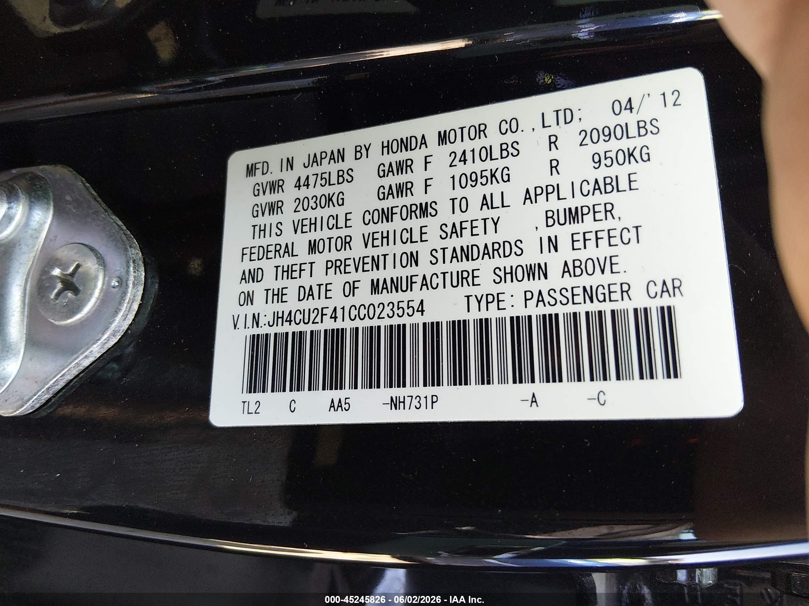 2012 Acura Tsx 2.4 Black vin: JH4CU2F41CC023554
