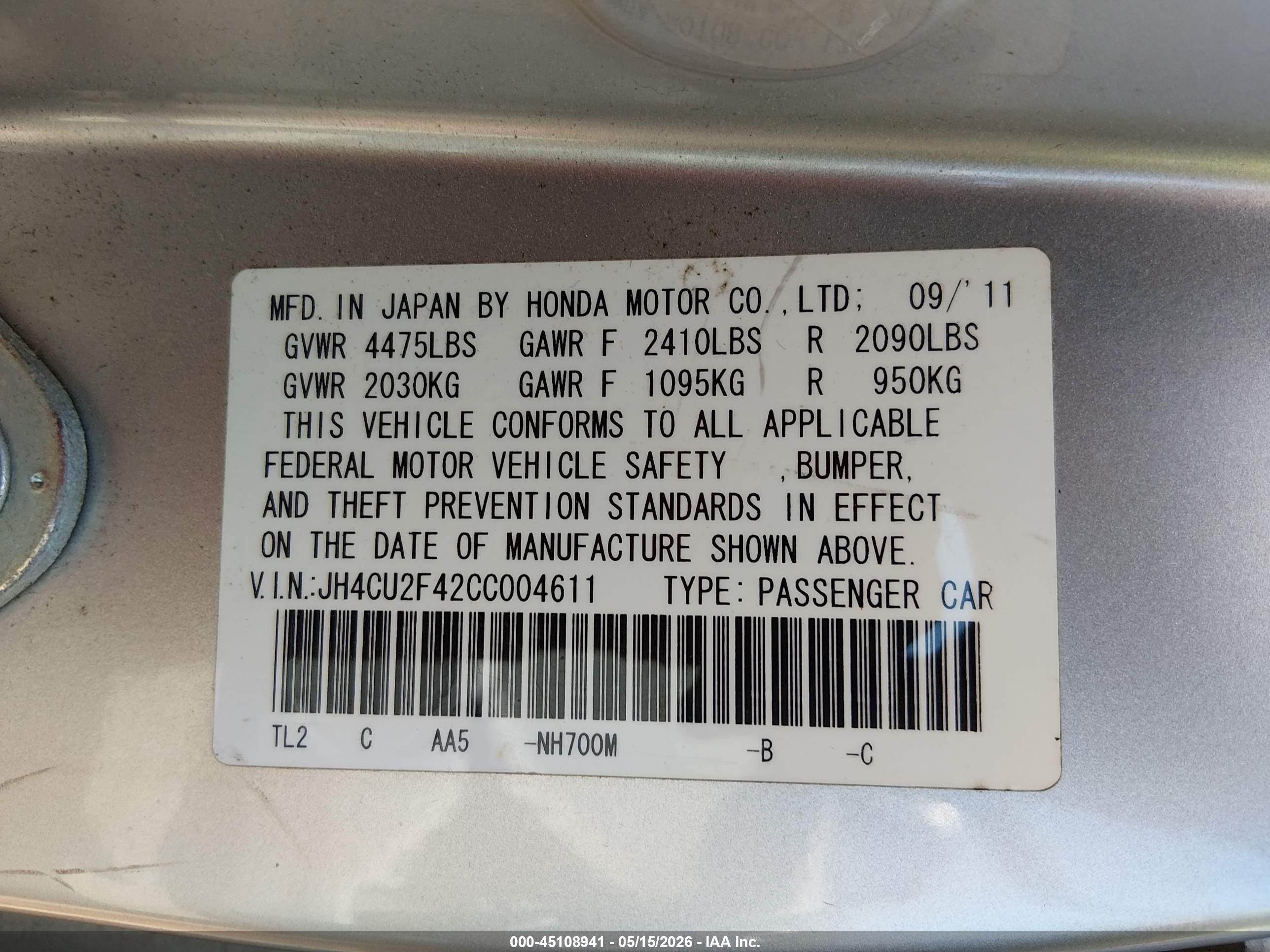 2012 Acura Tsx 2.4 Белый vin: JH4CU2F42CC004611