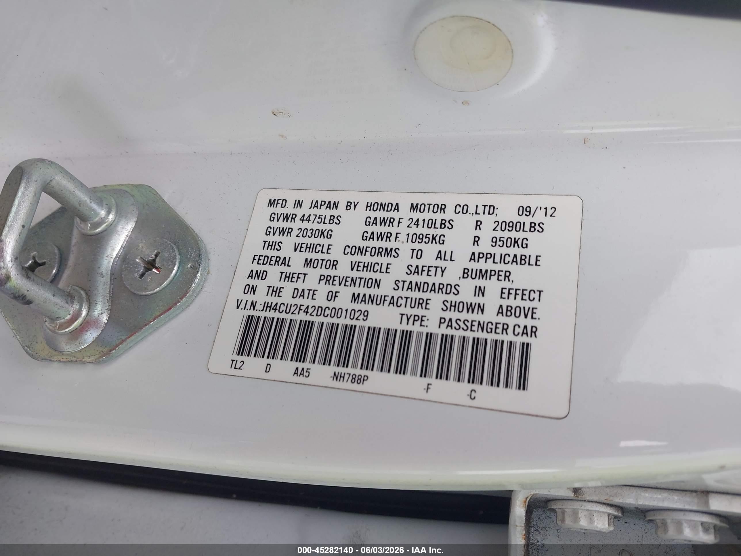 2013 Acura Tsx 2.4 White vin: JH4CU2F42DC001029