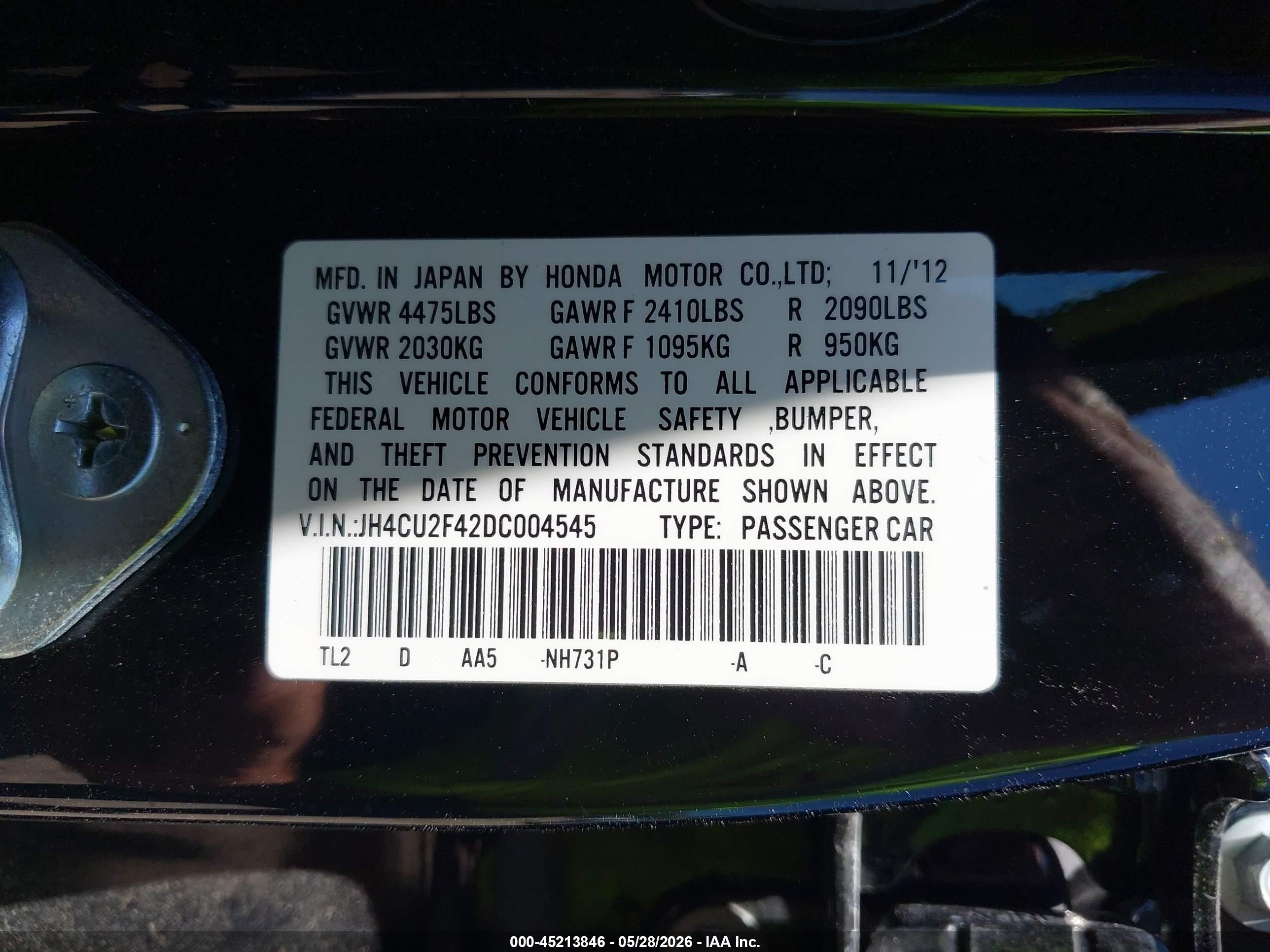 2013 Acura Tsx 2.4 Black vin: JH4CU2F42DC004545