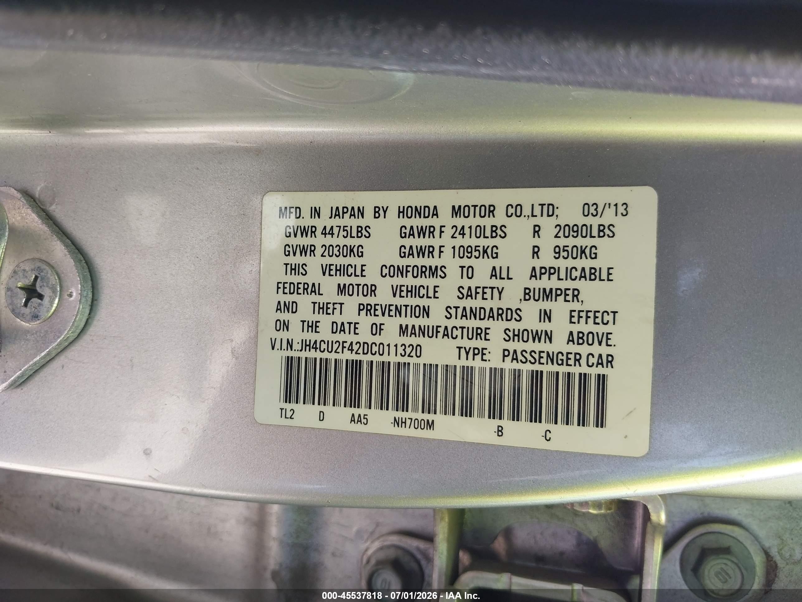 2013 Acura Tsx 2.4 Silver vin: JH4CU2F42DC011320