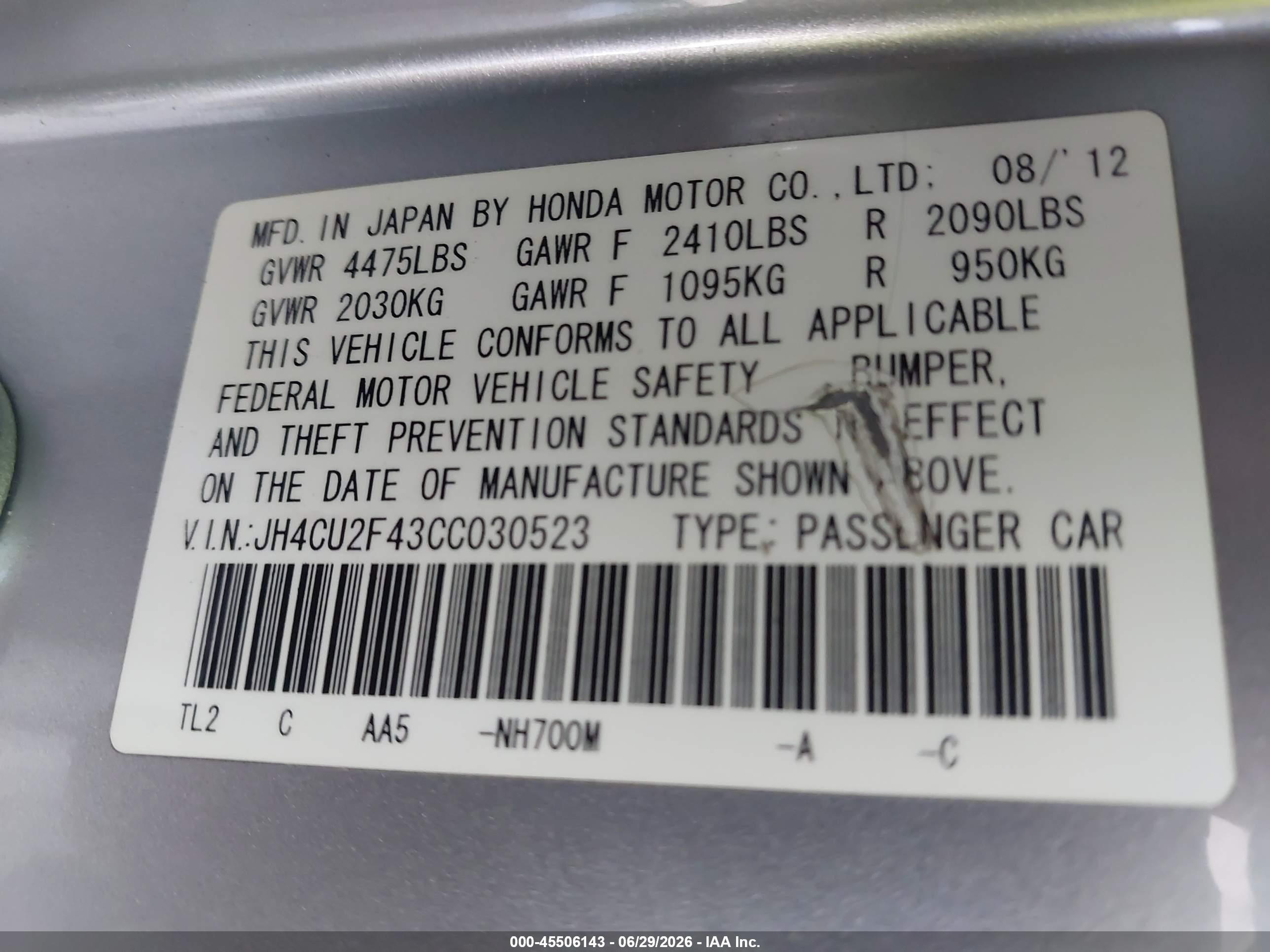 2012 Acura Tsx 2.4 Silver vin: JH4CU2F43CC030523
