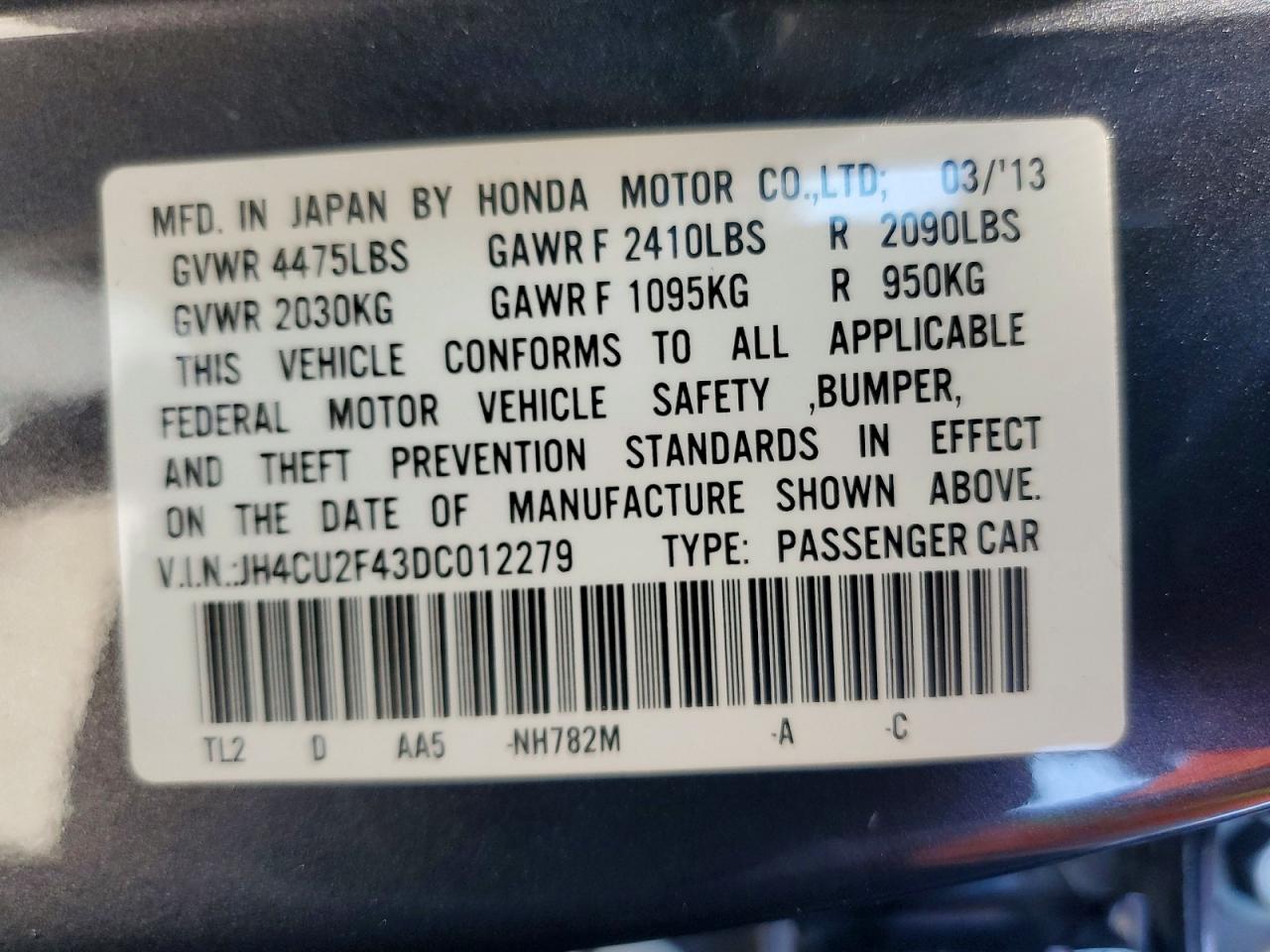2013 Acura Tsx Gray vin: JH4CU2F43DC012279