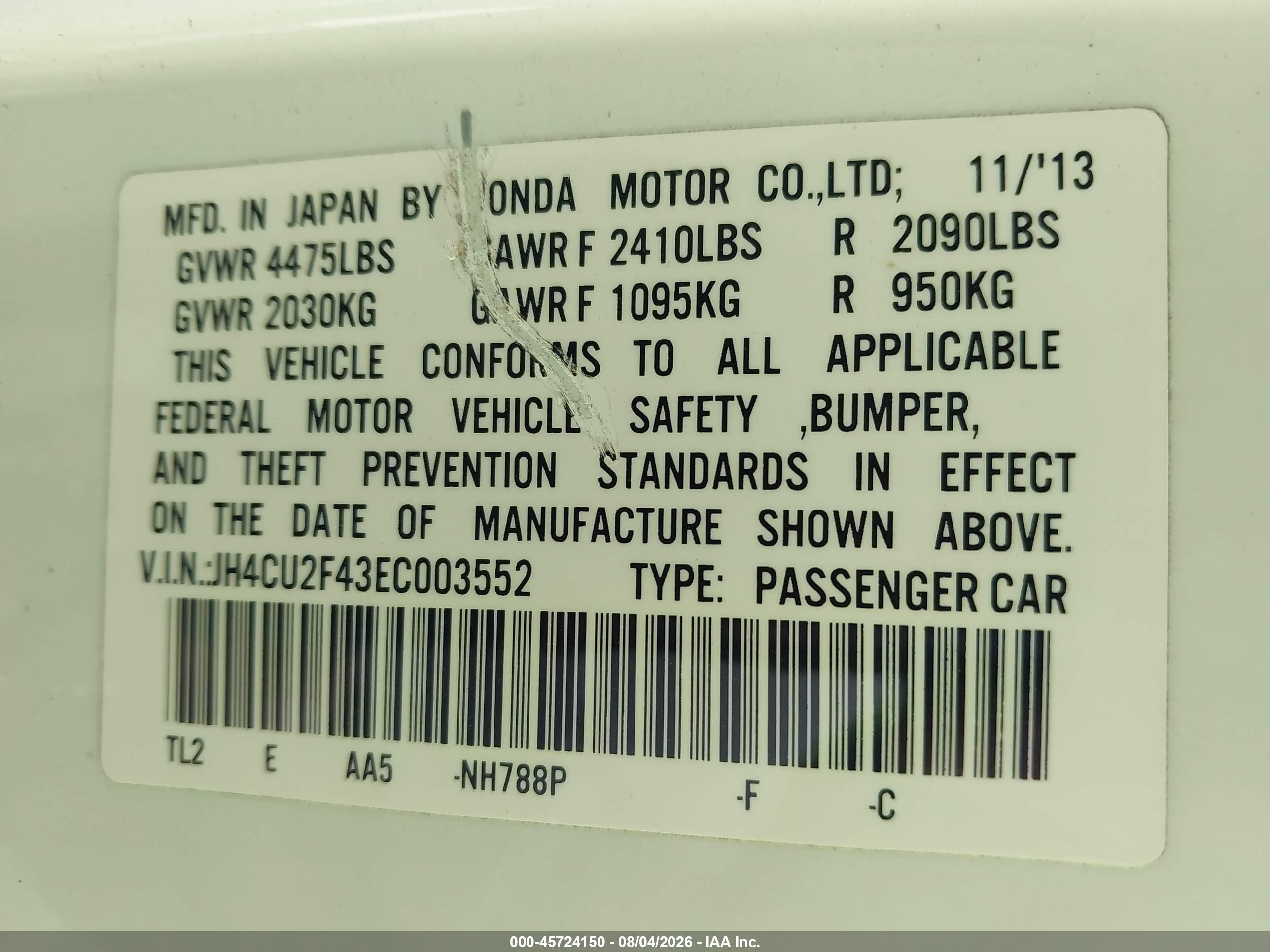 2014 Acura Tsx 2.4 White vin: JH4CU2F43EC003552