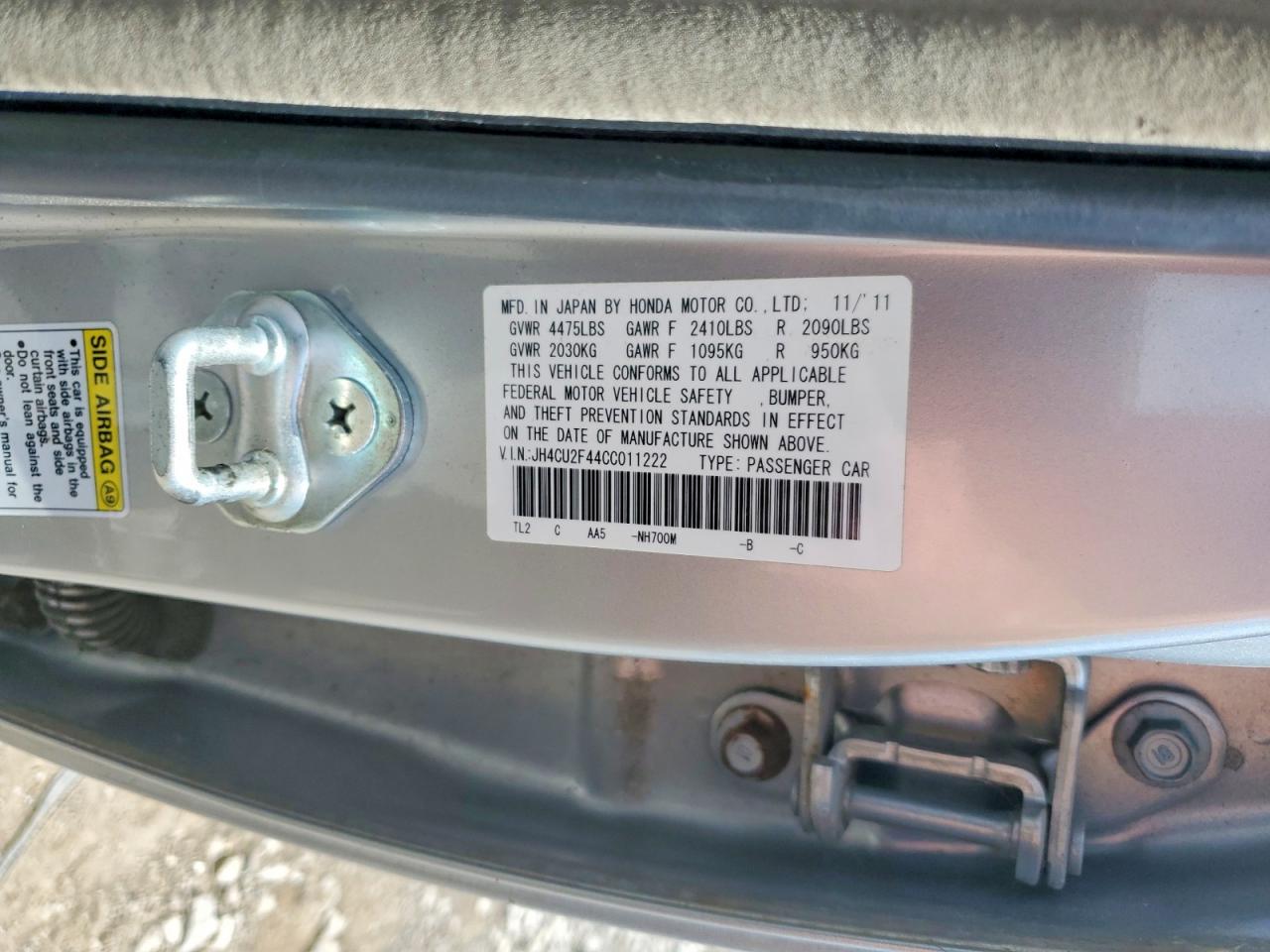 2012 Acura Tsx Silver vin: JH4CU2F44CC011222