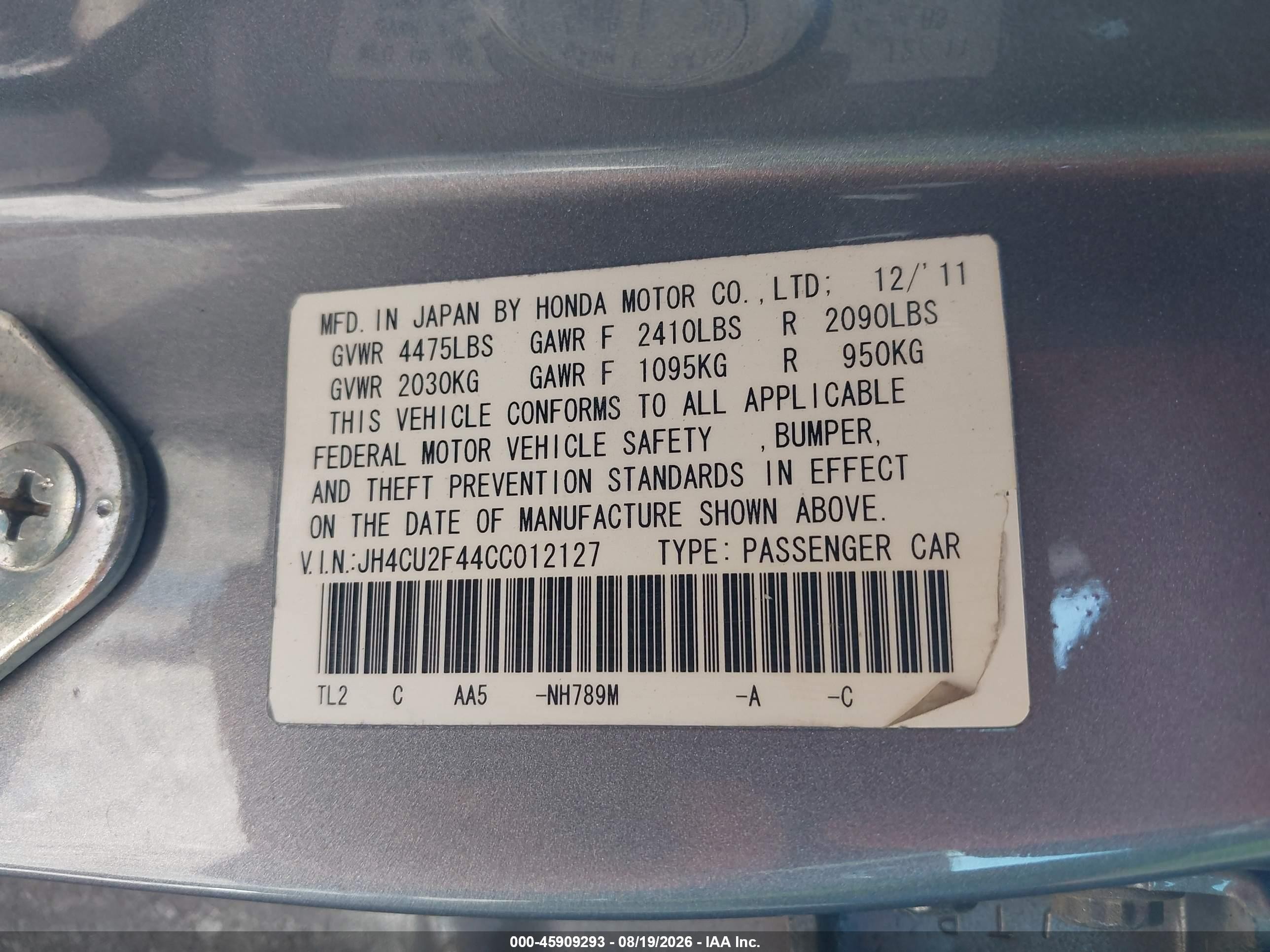 2012 Acura Tsx 2.4 Silver vin: JH4CU2F44CC012127