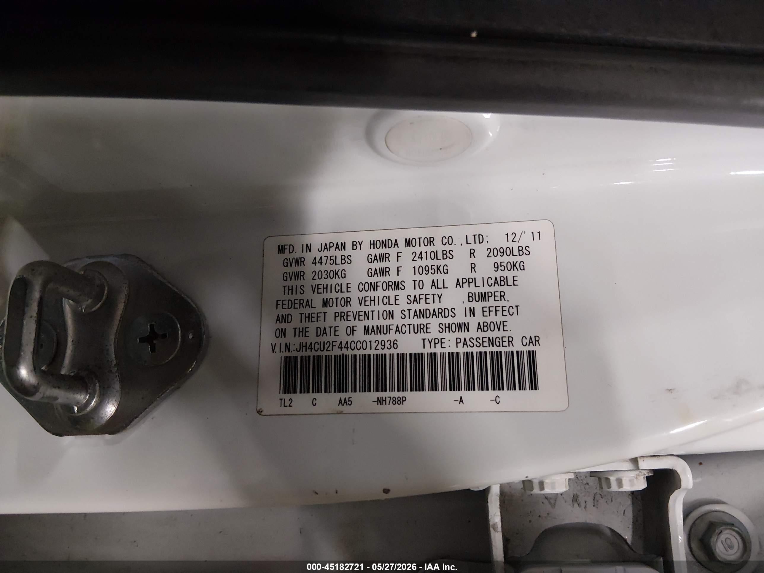 2012 Acura Tsx 2.4 White vin: JH4CU2F44CC012936