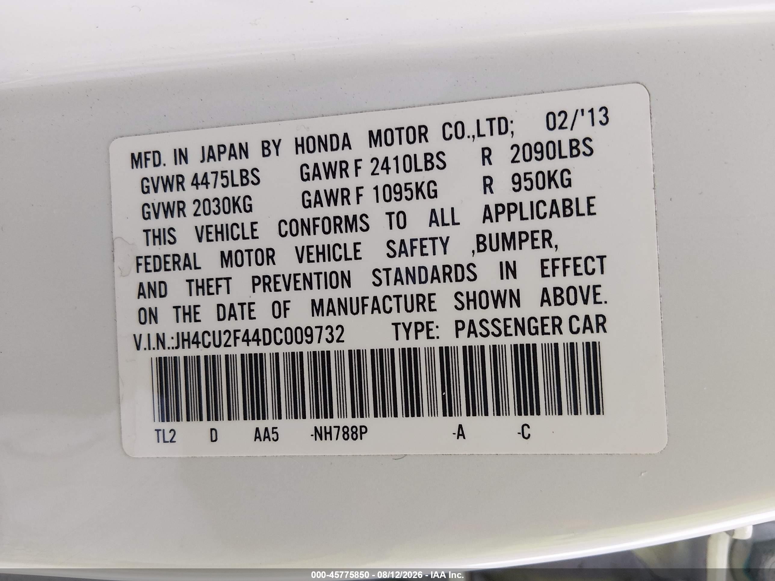 2013 Acura Tsx 2.4 White vin: JH4CU2F44DC009732