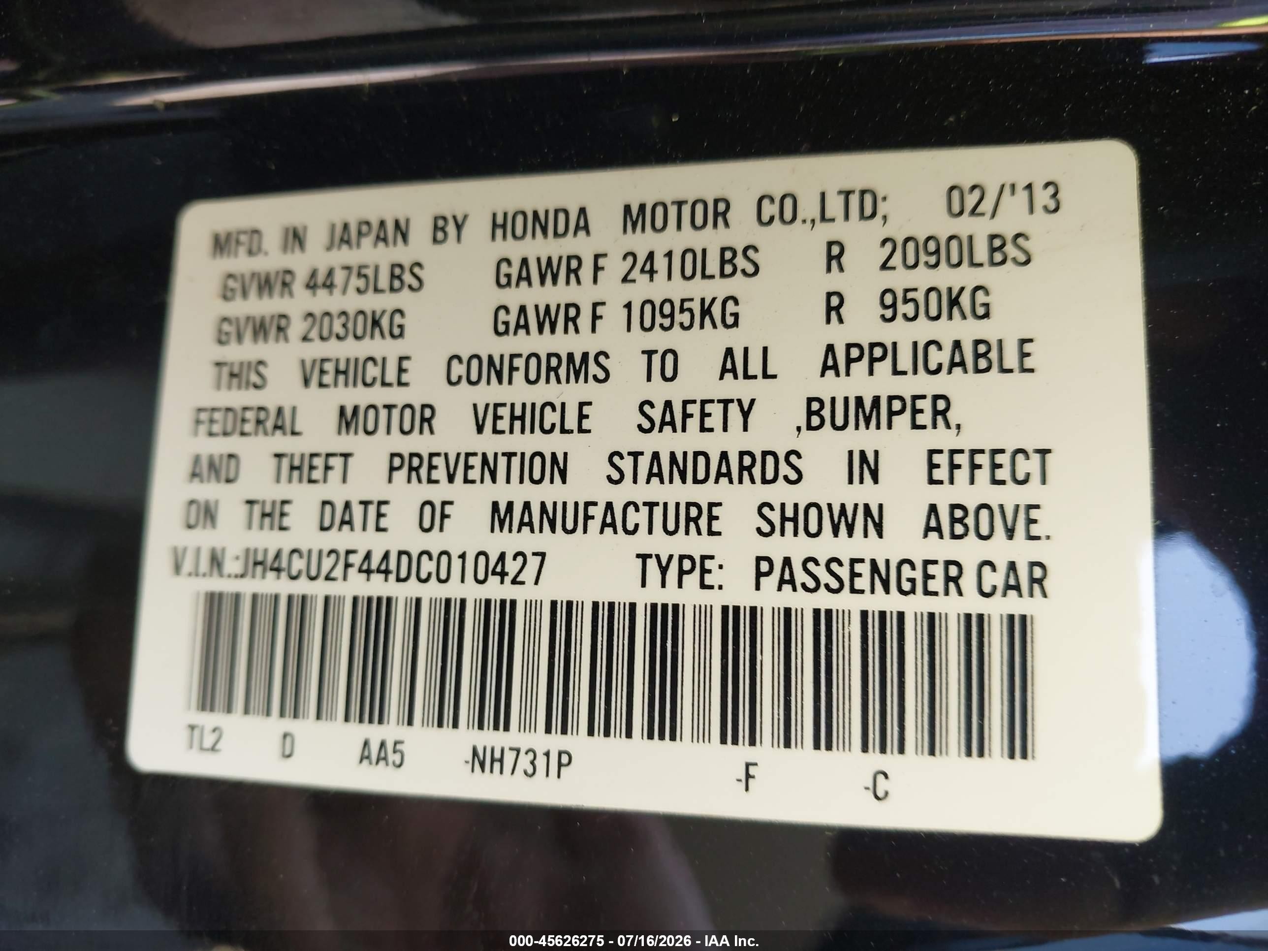 2013 Acura Tsx 2.4 Black vin: JH4CU2F44DC010427