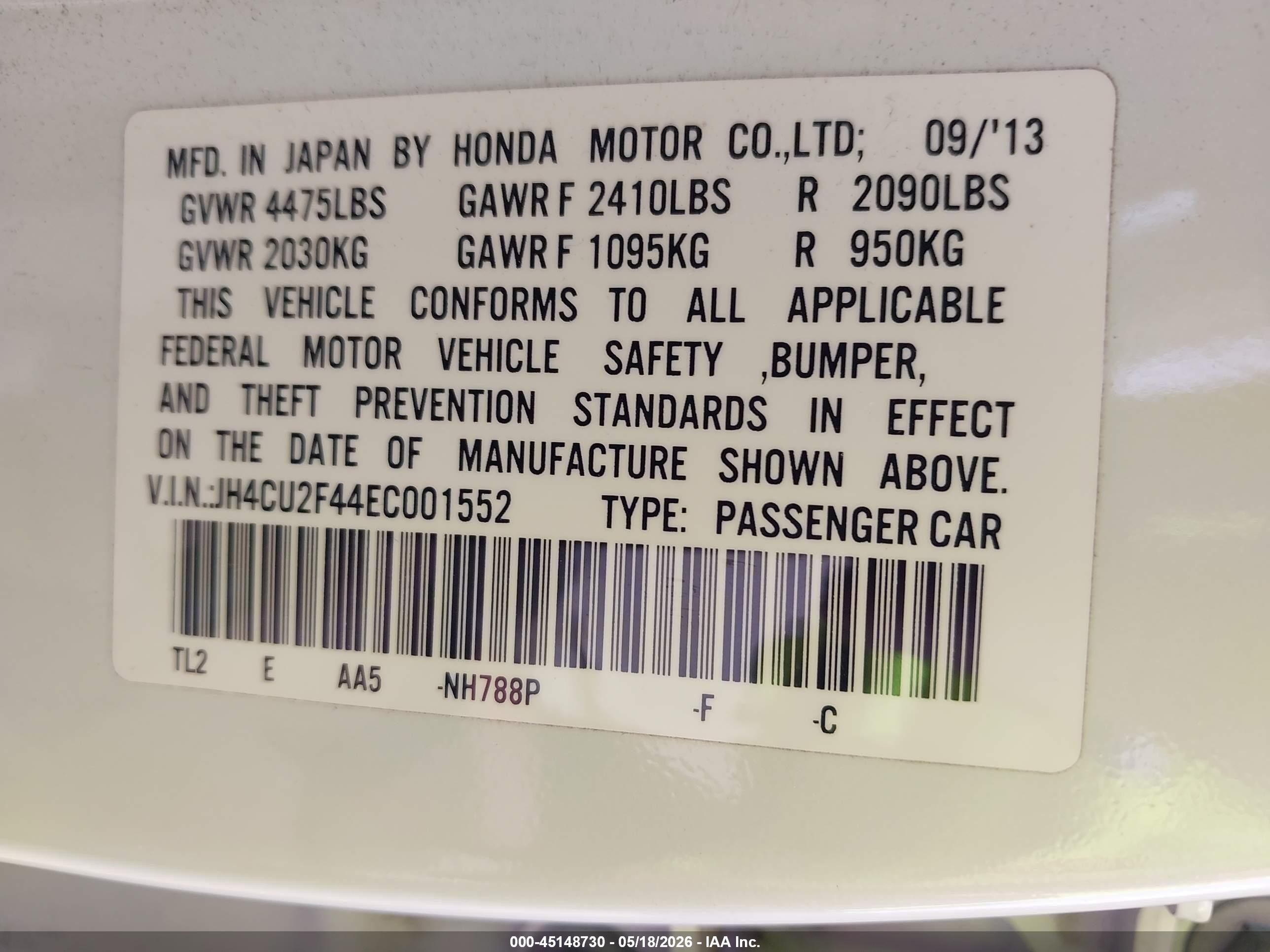 2014 Acura Tsx 2.4 White vin: JH4CU2F44EC001552