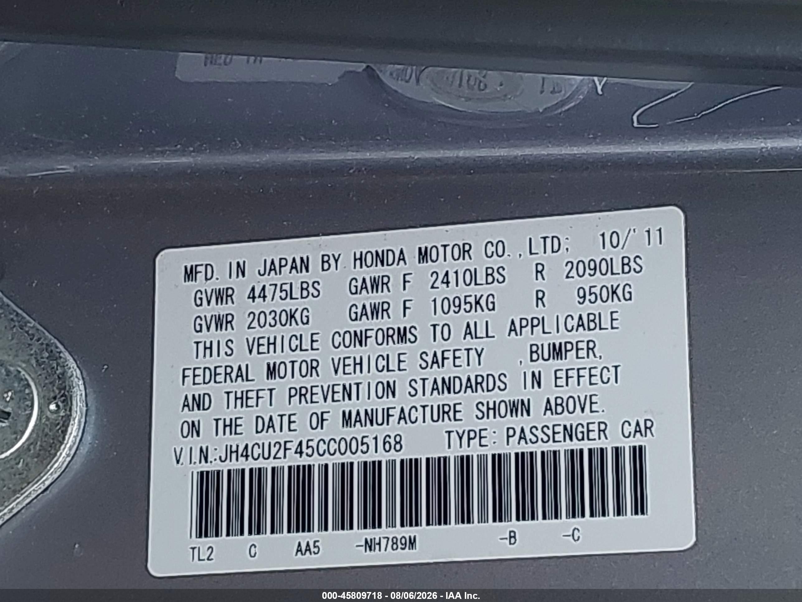 2012 Acura Tsx 2.4 Blue vin: JH4CU2F45CC005168