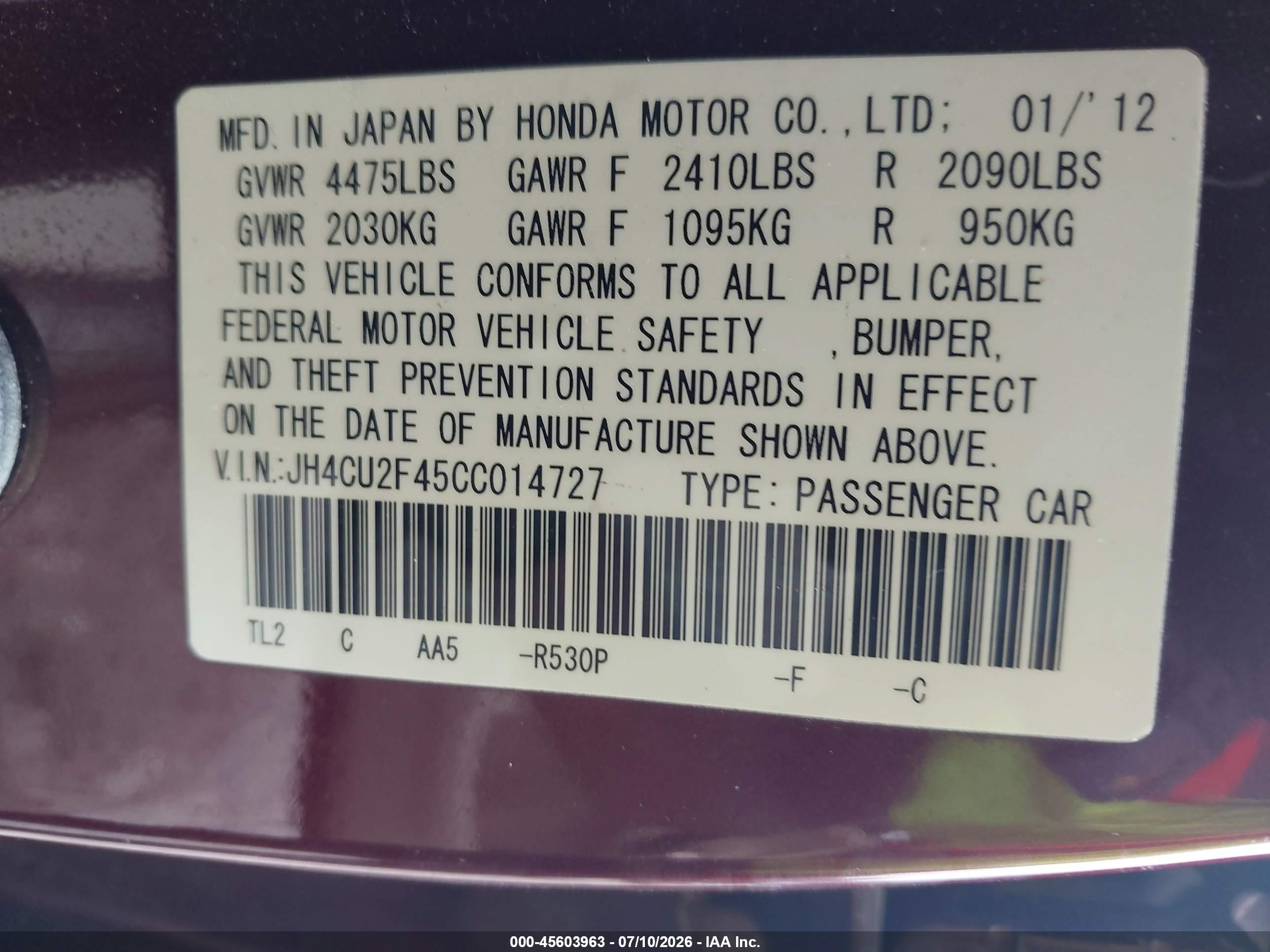 2012 Acura Tsx 2.4 Burgundy vin: JH4CU2F45CC014727