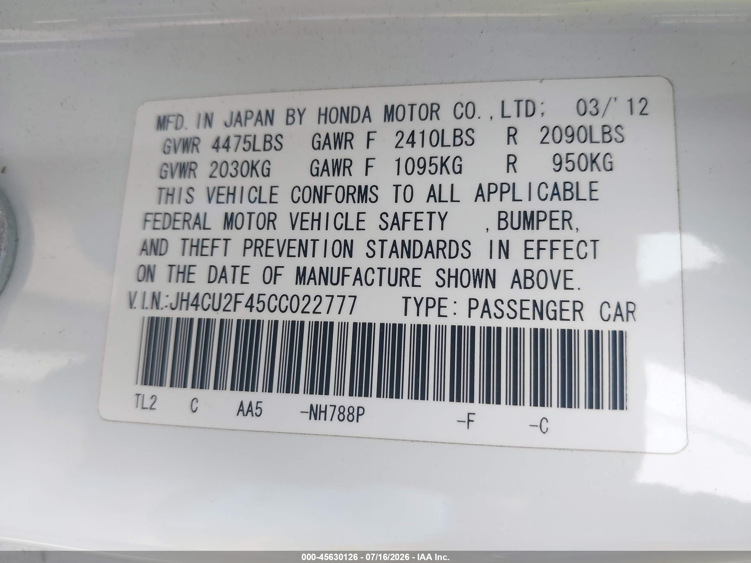 2012 Acura Tsx 2.4 White vin: JH4CU2F45CC022777