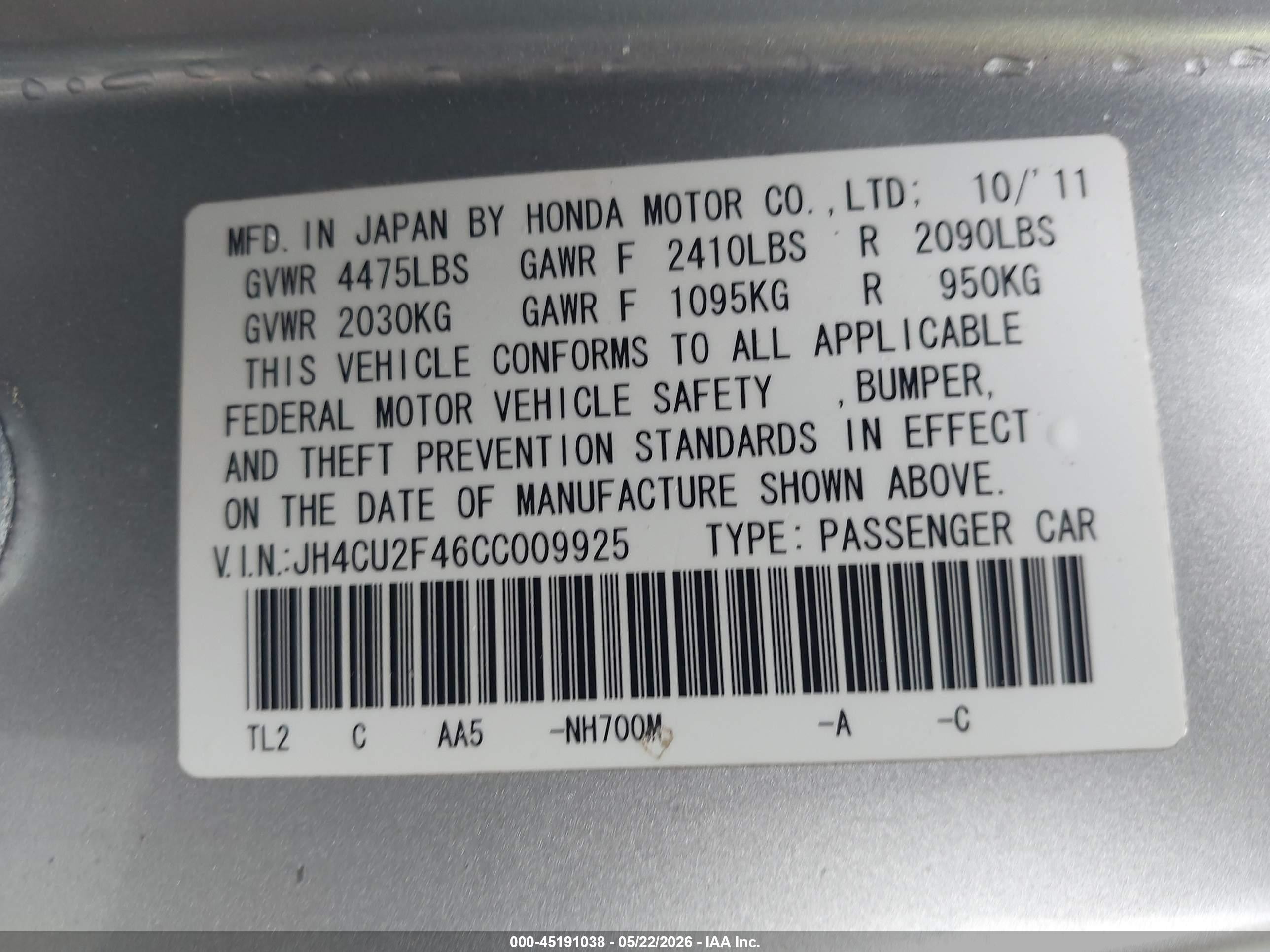 2012 Acura Tsx 2.4 Silver vin: JH4CU2F46CC009925