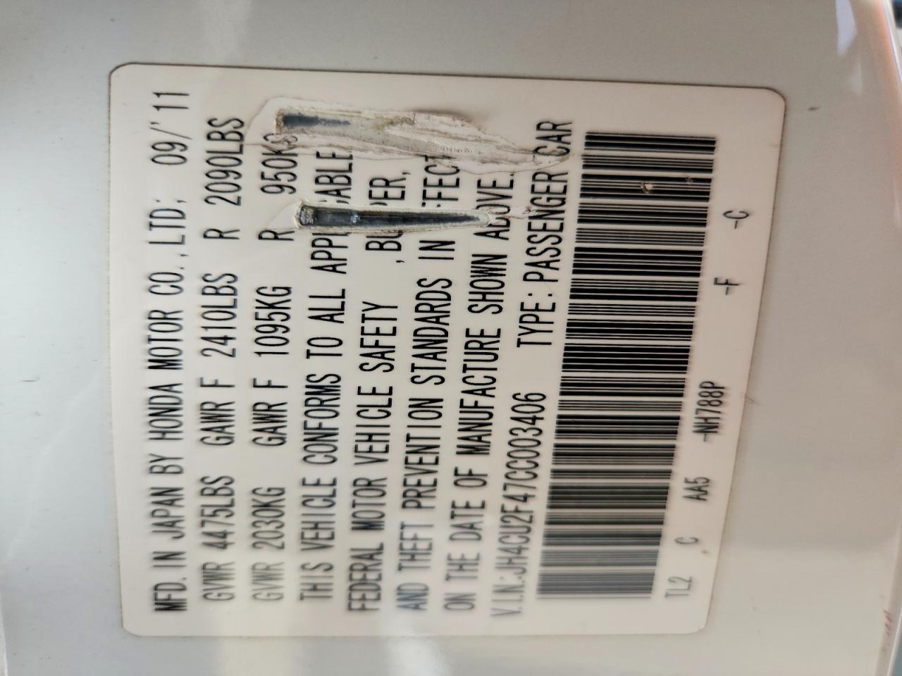 2012 Acura Tsx White vin: JH4CU2F47CC003406