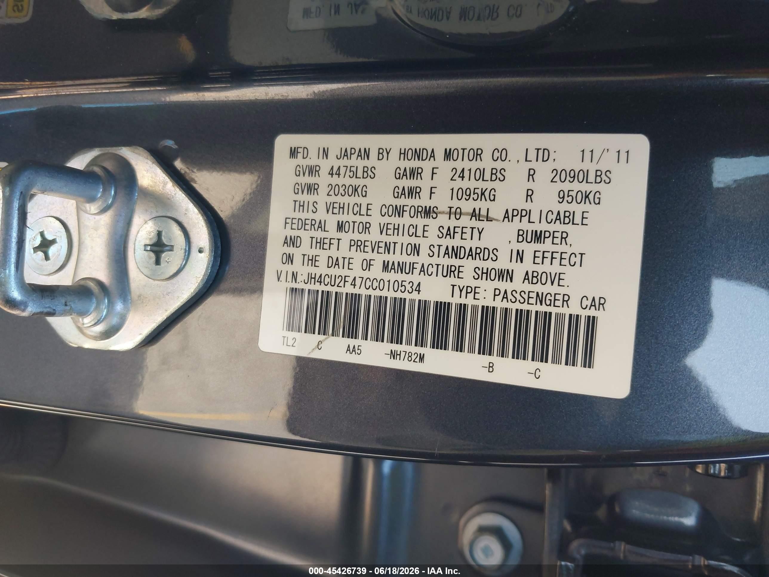 2012 Acura Tsx 2.4 Black vin: JH4CU2F47CC010534