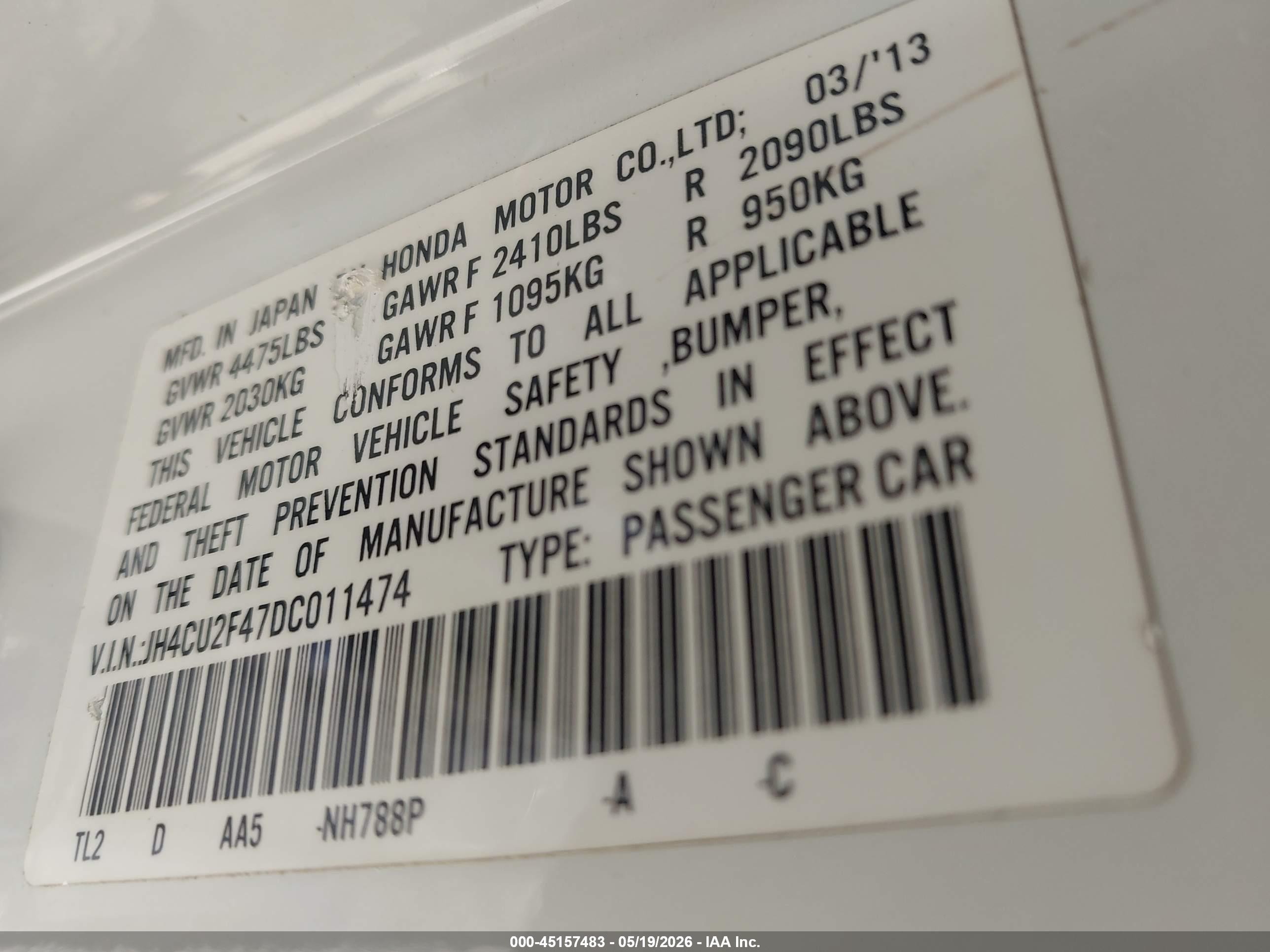 2013 Acura Tsx 2.4 White vin: JH4CU2F47DC011474