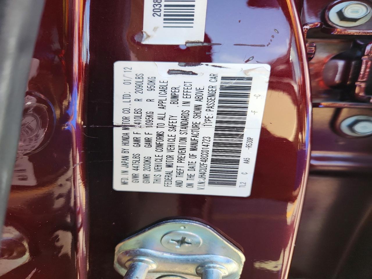 2012 Acura Tsx Maroon vin: JH4CU2F48CC014723