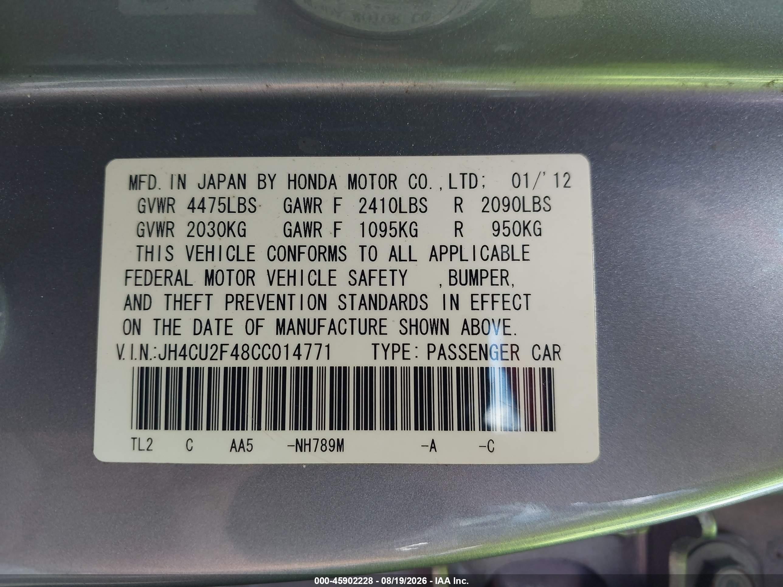 2012 Acura Tsx 2.4 Silver vin: JH4CU2F48CC014771
