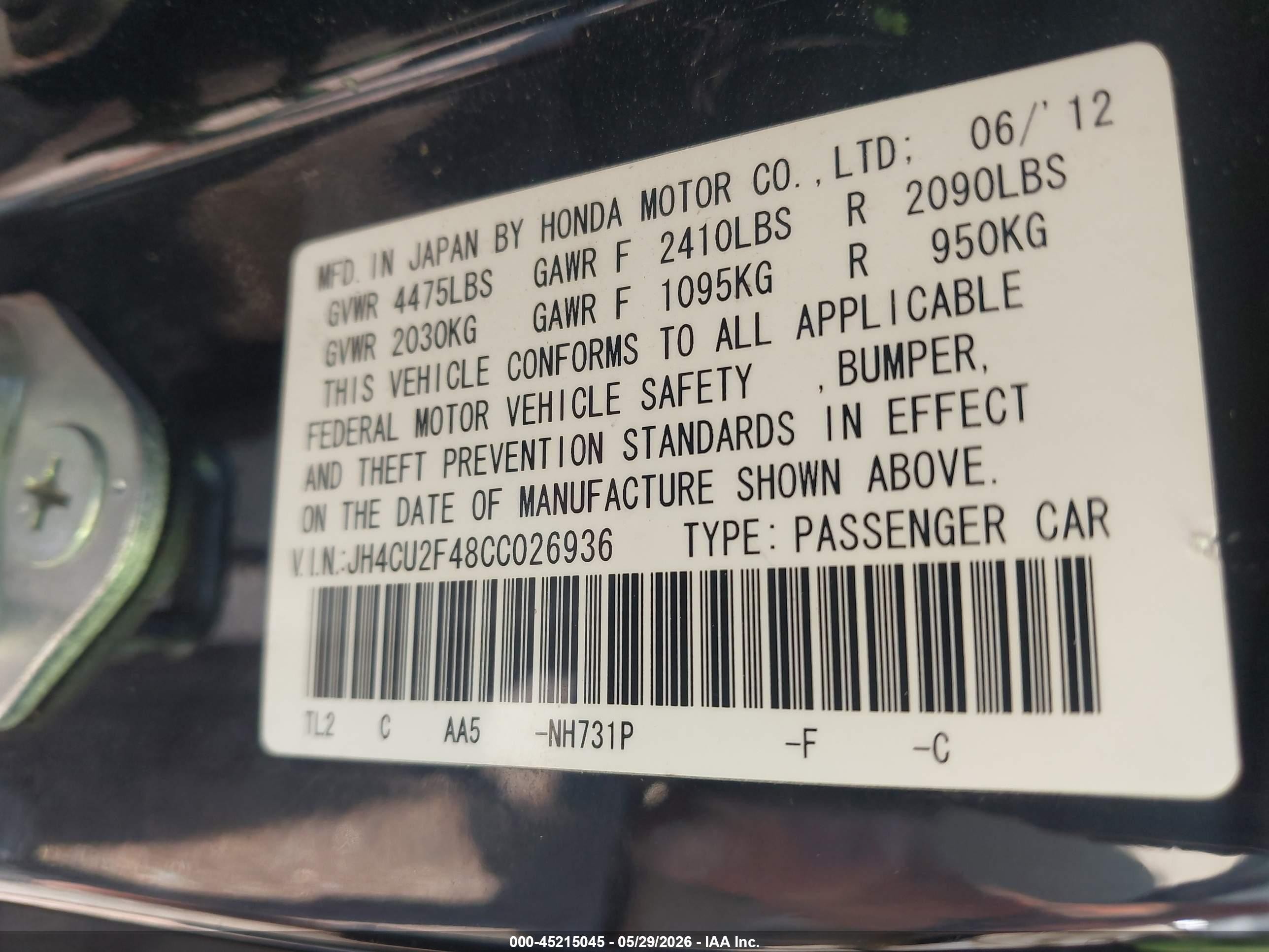 2012 Acura Tsx 2.4 Black vin: JH4CU2F48CC026936