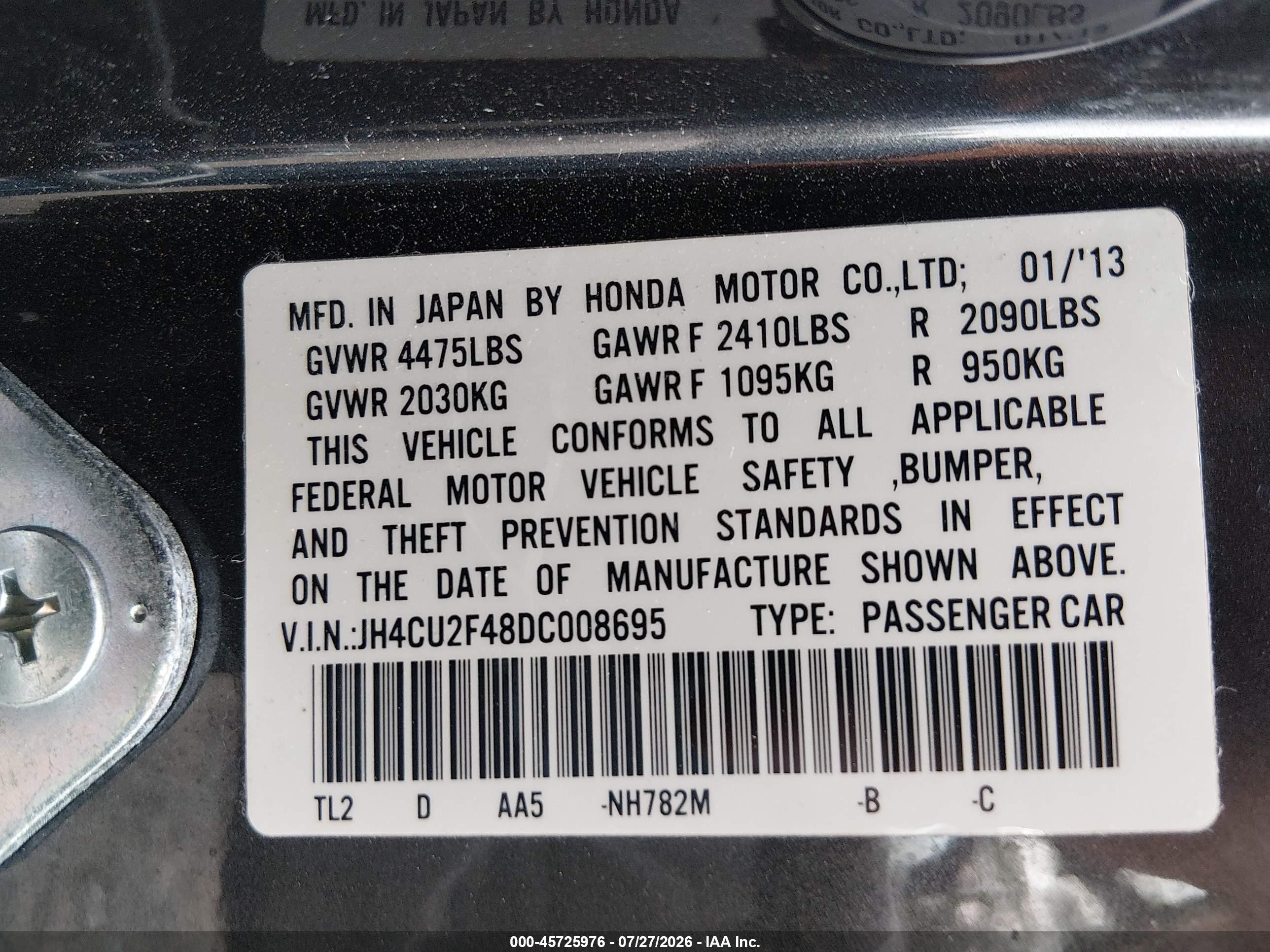 2013 Acura Tsx 2.4 Gray vin: JH4CU2F48DC008695