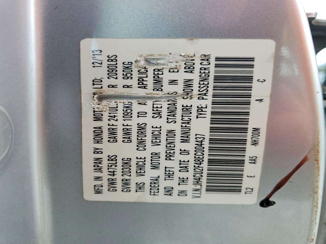 2014 Acura Tsx Silver vin: JH4CU2F48EC004437