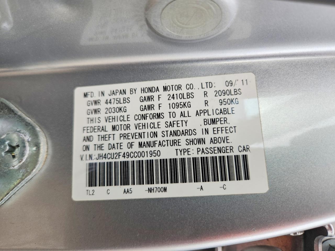 2012 Acura Tsx Silver vin: JH4CU2F49CC001950
