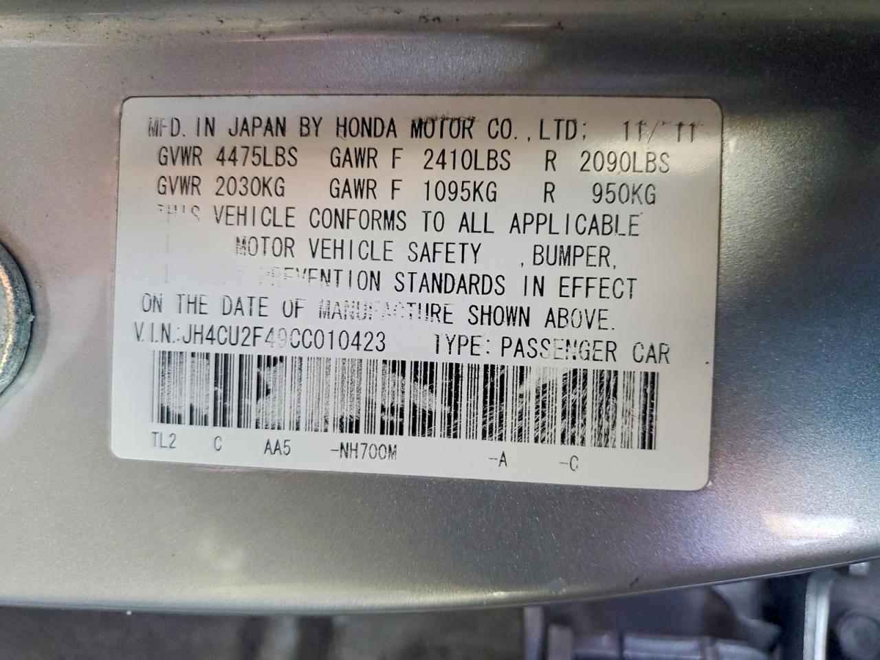 2012 Acura Tsx Silver vin: JH4CU2F49CC010423