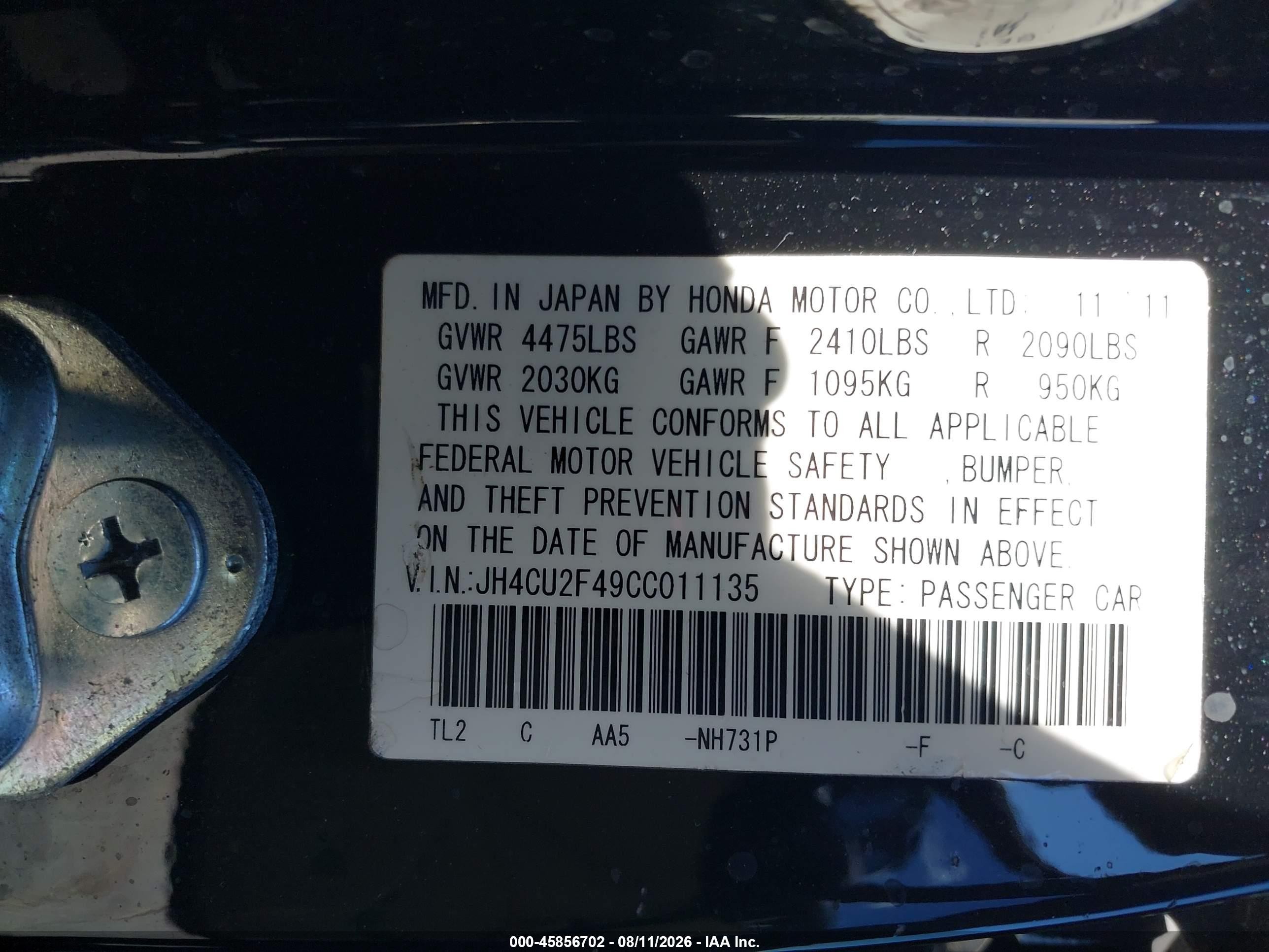 2012 Acura Tsx 2.4 Black vin: JH4CU2F49CC011135