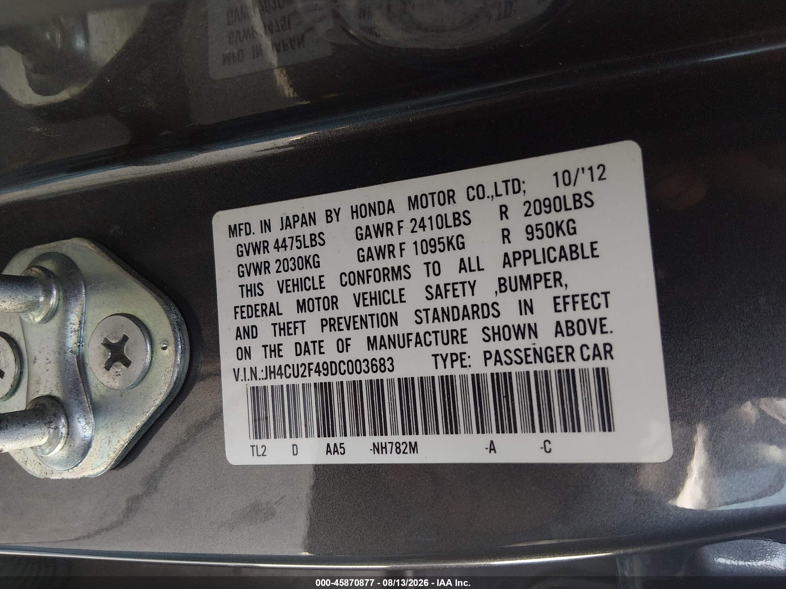 2013 Acura Tsx 2.4 Gray vin: JH4CU2F49DC003683