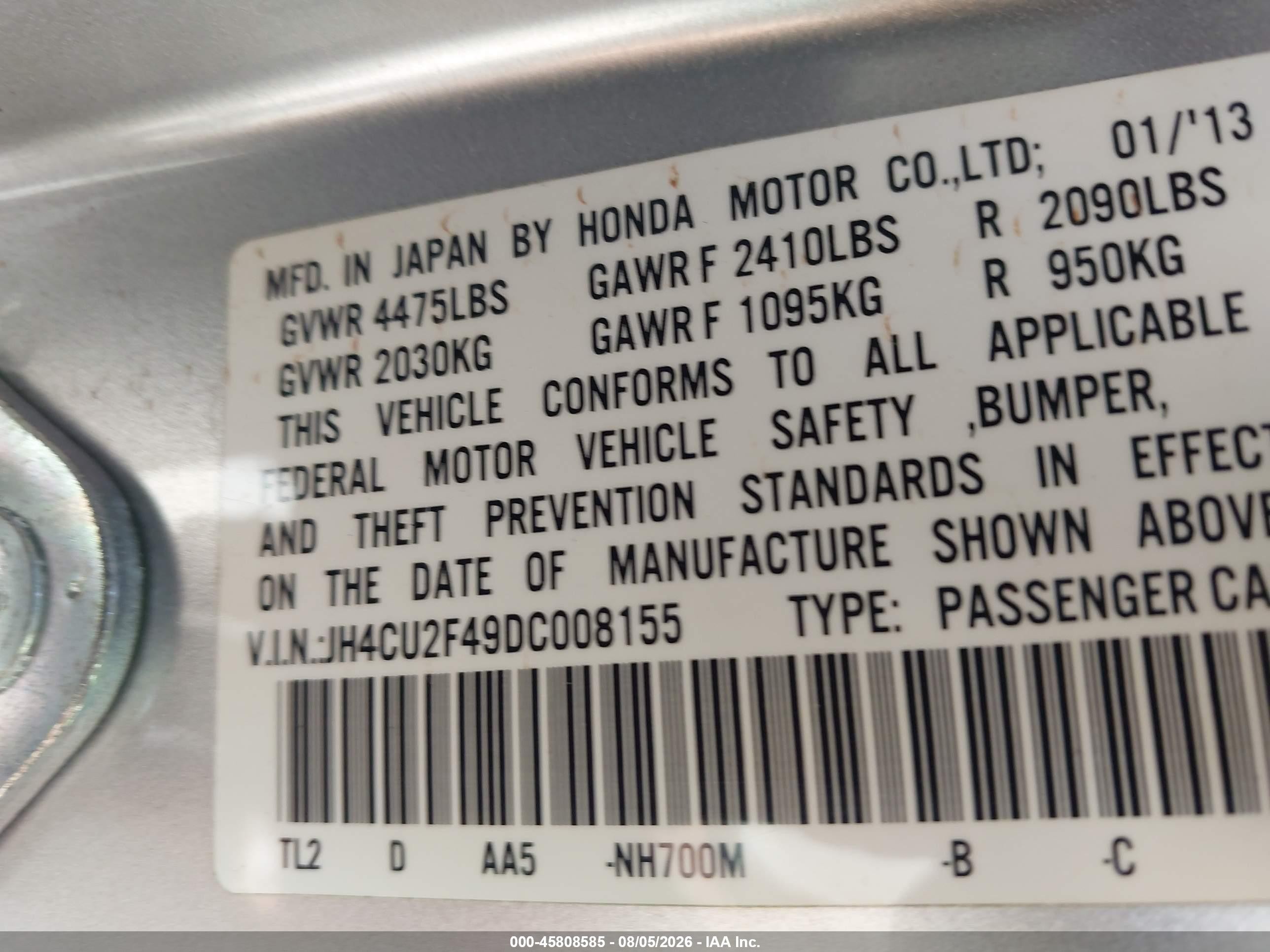 2013 Acura Tsx 2.4 Silver vin: JH4CU2F49DC008155