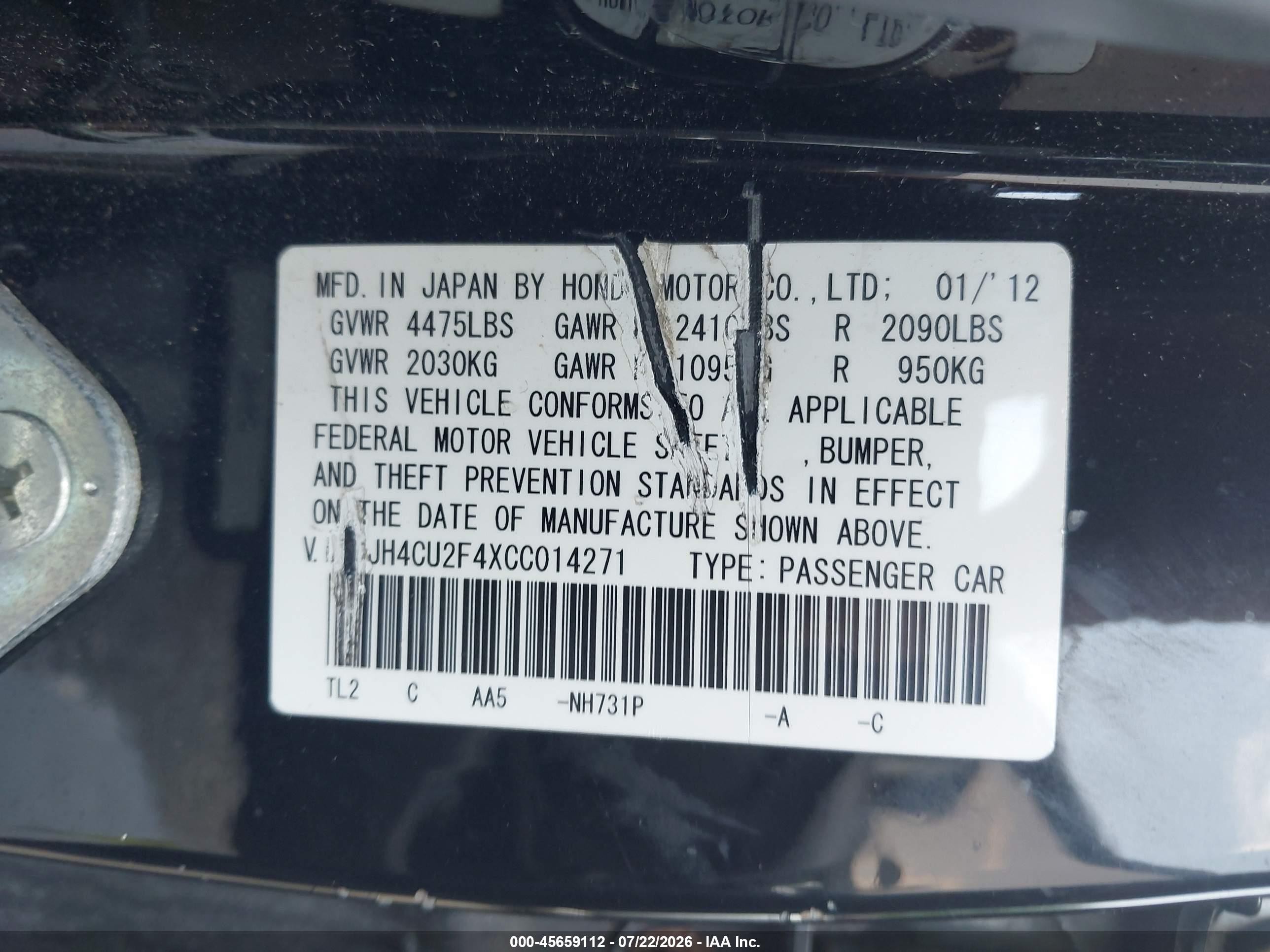 2012 Acura Tsx 2.4 Black vin: JH4CU2F4XCC014271